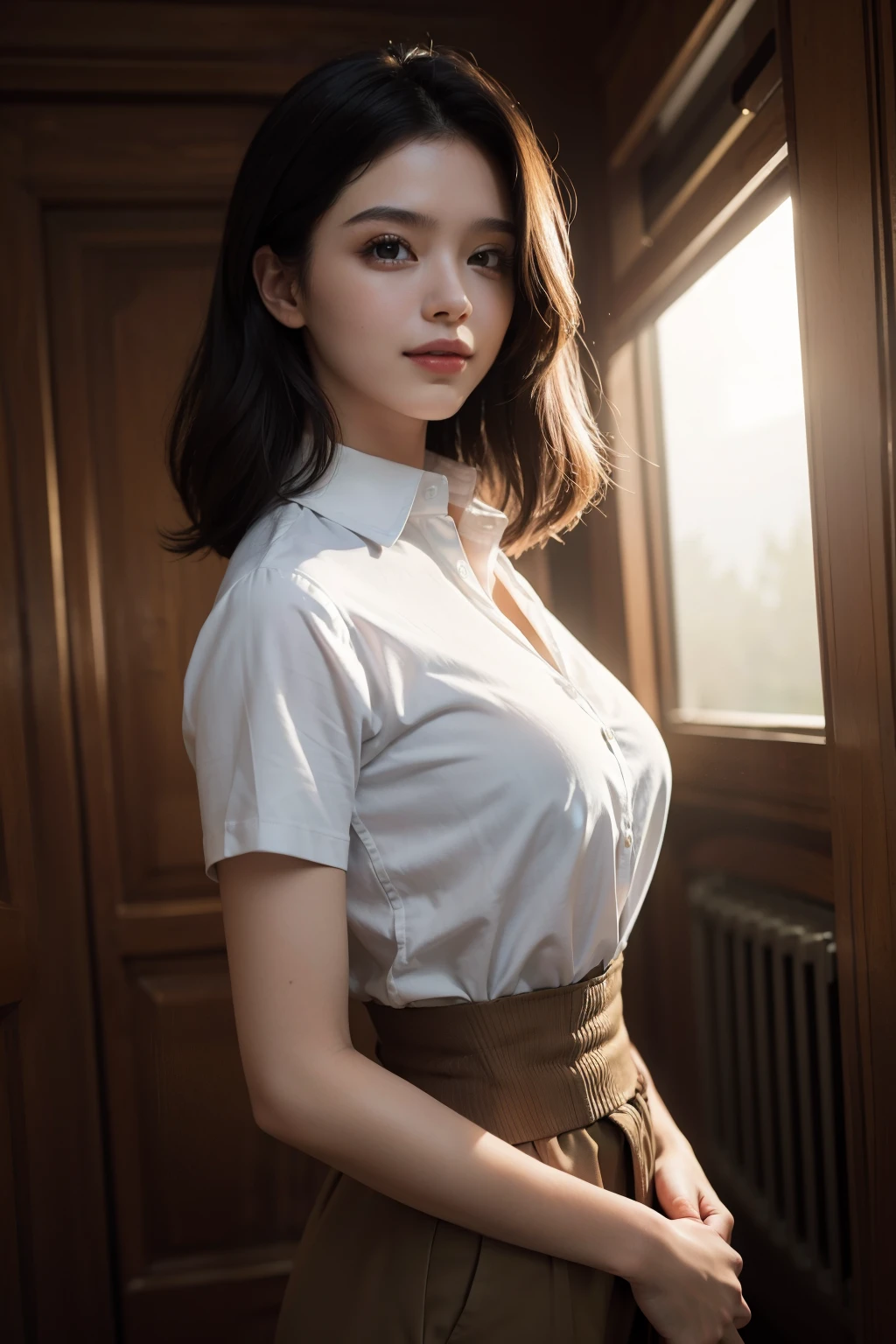 best quality, masterpiece, (photorealistic:1.4), 1girl, light smile, shirt with collars, waist up, dramatic lighting, from below