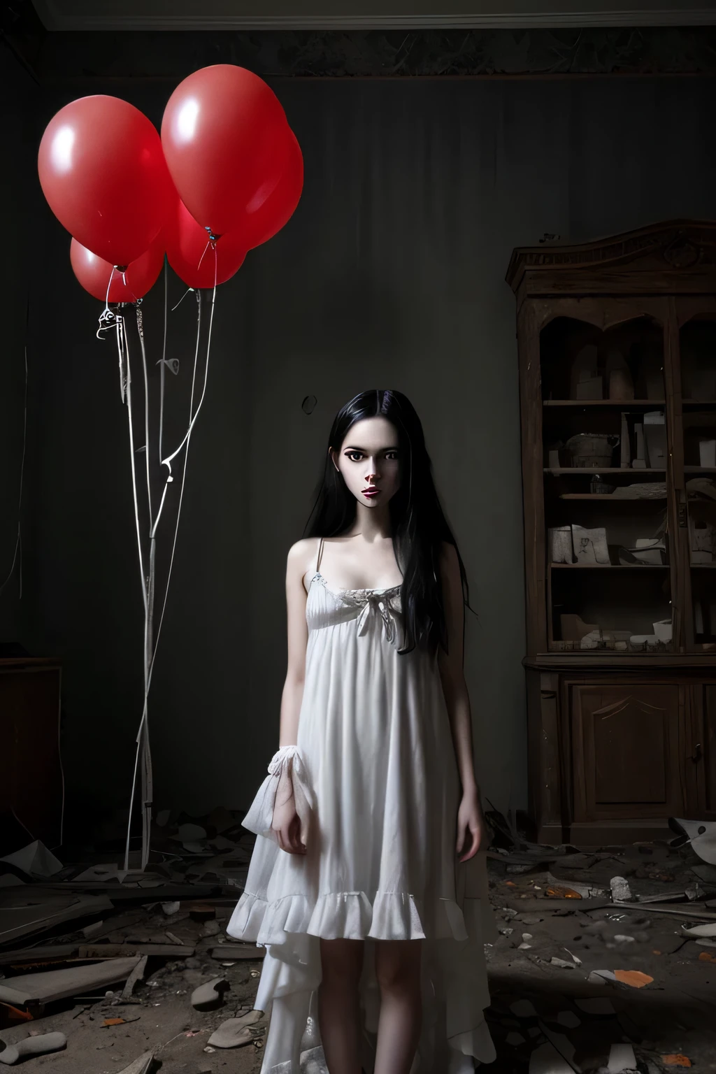 una casa de terror oscura , abandonado, dolls scattered on the floor, pretty chica standing in front wearing white long dress face unexpressive pale skin nice body red baloons very beautiful face cute nice body shape hermosa, Lugar oscuro, pelo negro, pelo largo, chica, no make up ager rostro femenino、cuerpo femenino、con cara redonda、a small face、mejillas suaves、mirando a la camara、descuido