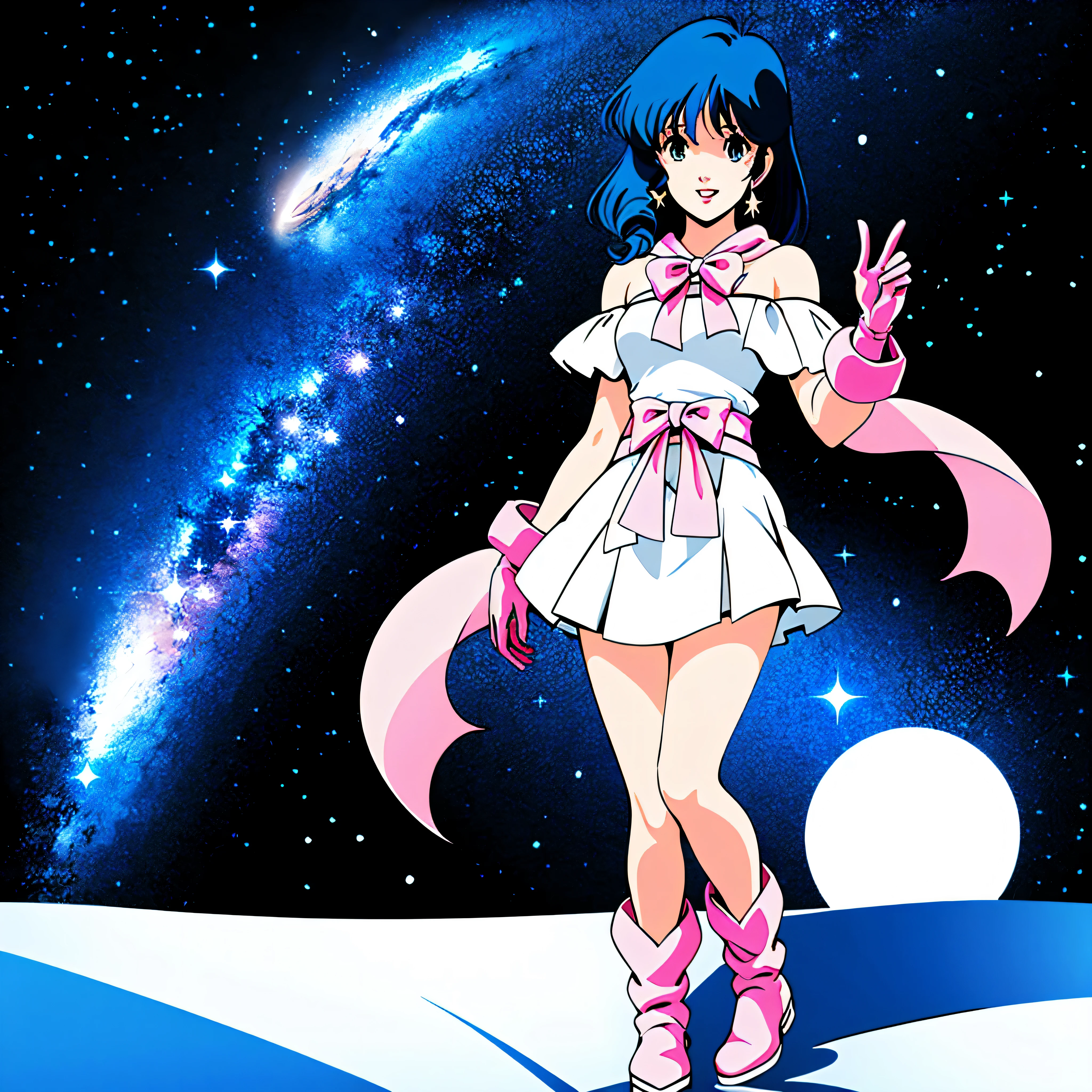 lynnminmay,1 chica,Solo,pelo negro,
Idol,vestido corto blanco,fuera del hombro,
guantes rosas,
lazo rosa en la cintura,
minifalda blanca,
botas rosas,
de pie,cuerpo completo,
estrellado_cielo,