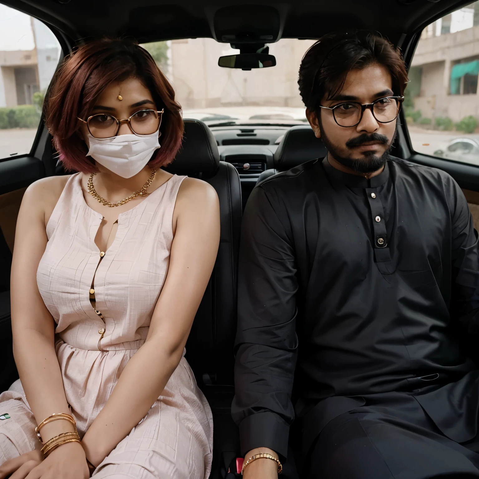 create a picture of a Pakistani couple wearing Pakistani dresses sitting in a car inside view of a car back seats brown girl with bright pink short hairs and golden glasses and rings and bracelet,and beard boy, mustache and wearing black facemask and glasses
