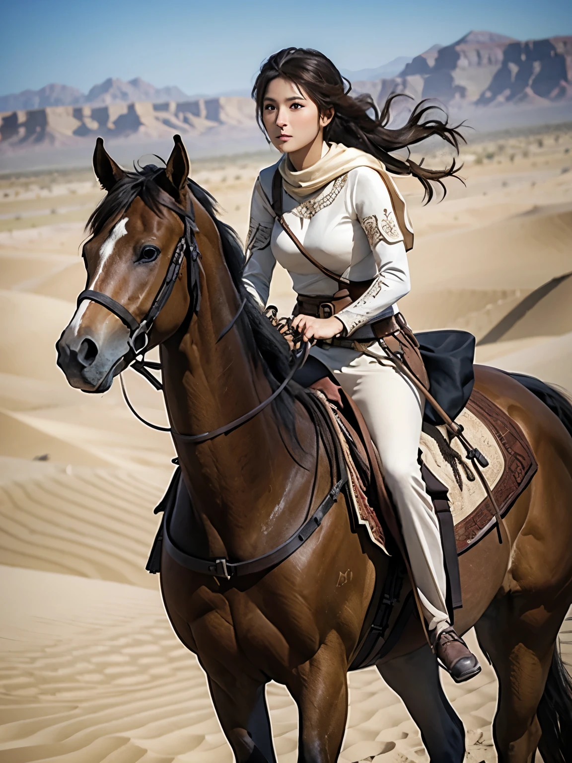 A beautiful archer woman riding a horse, desert background.
