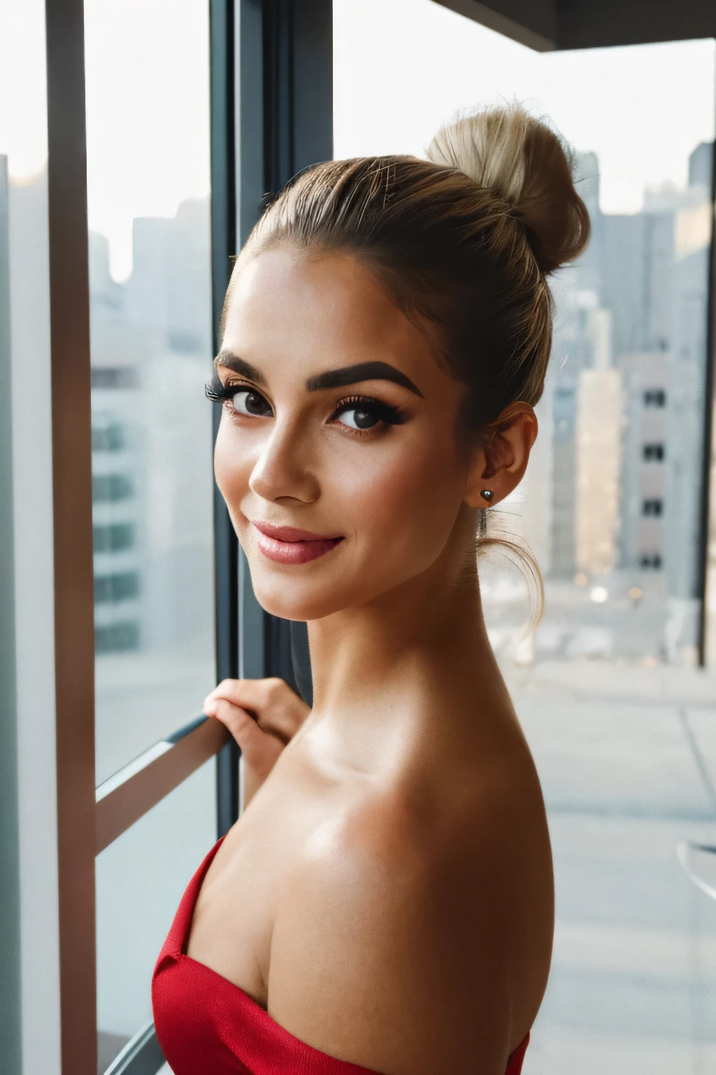 ((best quality)), ((masterpiece)), (detailed), perfect face, a woman with fair skin and long grey hair, her hair up. She has brown eyes. smiling. Her makeup is understated and natural, featuring well-defined eyebrows and a touch of nude lipstick. she is looking out the window. She is dressed in a red dress, standing outside in the city at night, blurry background