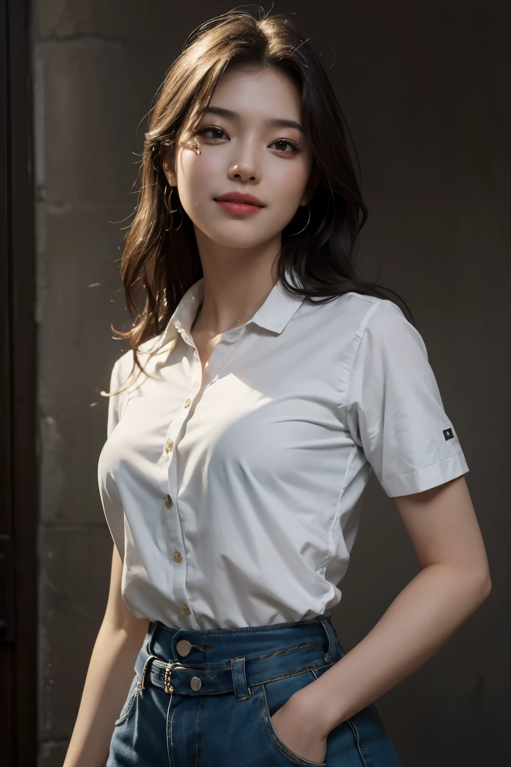 best quality, masterpiece, (photorealistic:1.4), 1girl, light smile, shirt with collars, waist up, dramatic lighting, from below