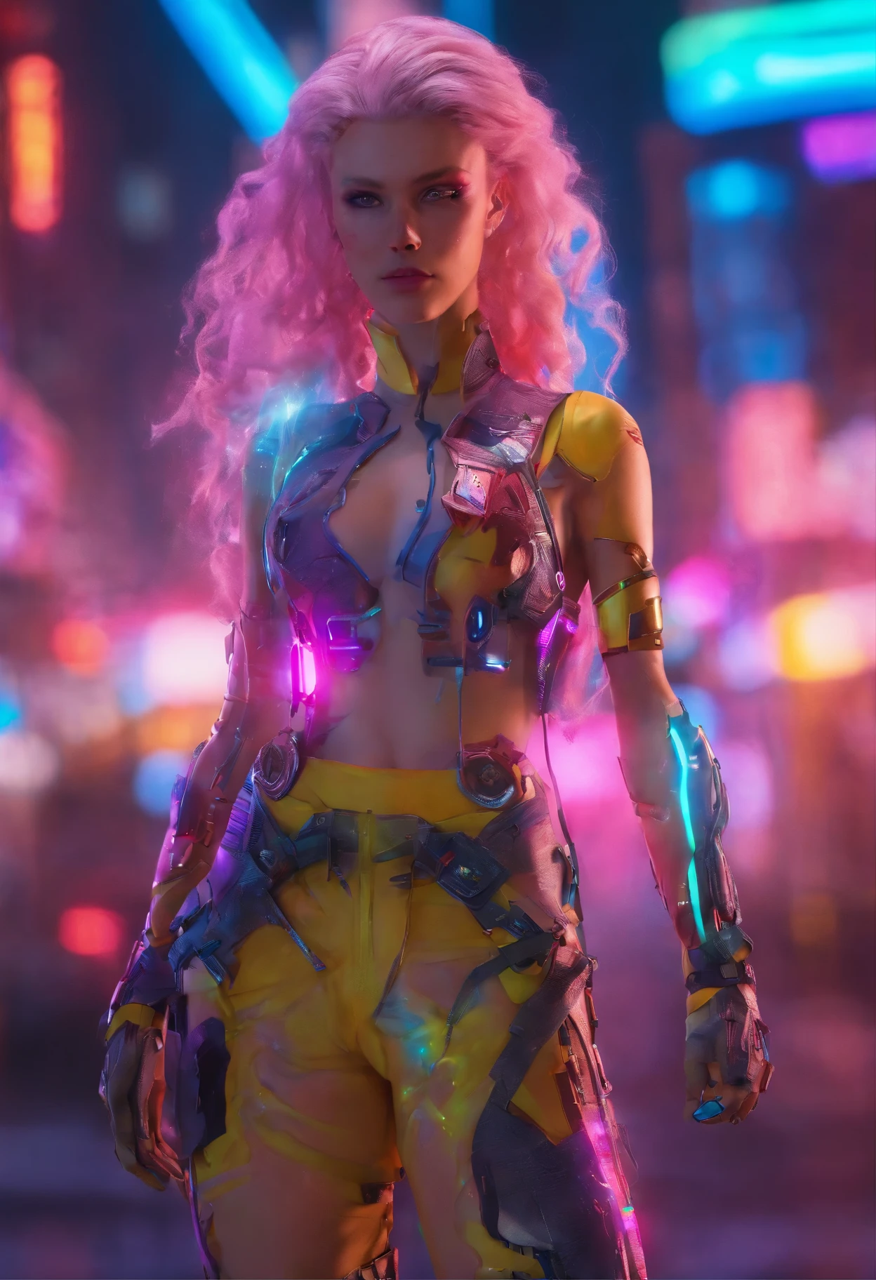 Beautiful photorealistic photo of a cyberpunk cat girl with long multicolored hair and a swinging tail, ((best quality)), ((Meisterwerk)), (Detailliert: 1.4), Depth of field f/2.8