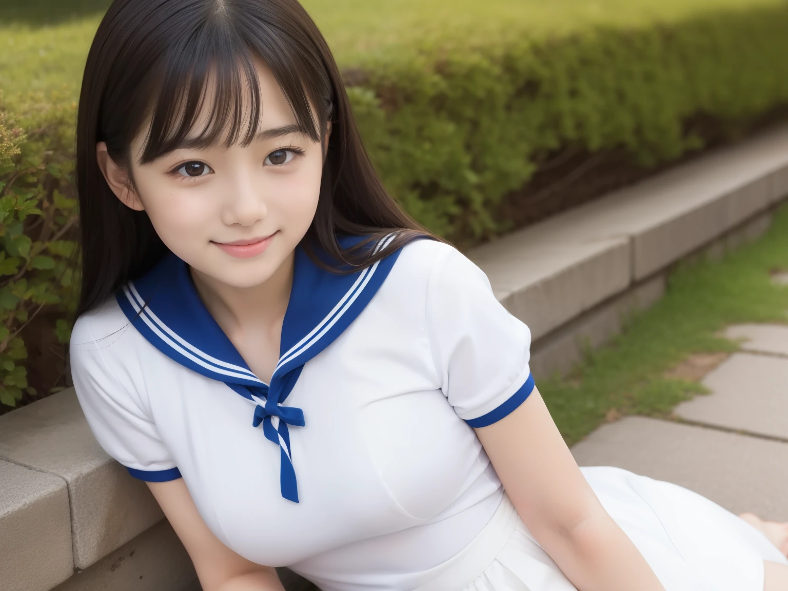 (masterpiece,highest quality,Super high resolution),japanese woman, very beautiful 12 year old girl, naive girl、(perfect limbs、perfect anatomy),.cute sailor suit、short sleeve sailor suit、white skirt、pure white、beautiful skin、Moist eyes、Brown glittery hair、Colors and landscapes of youth、Feeling of love、big breasts、embarrassing smile、go to school、morning,