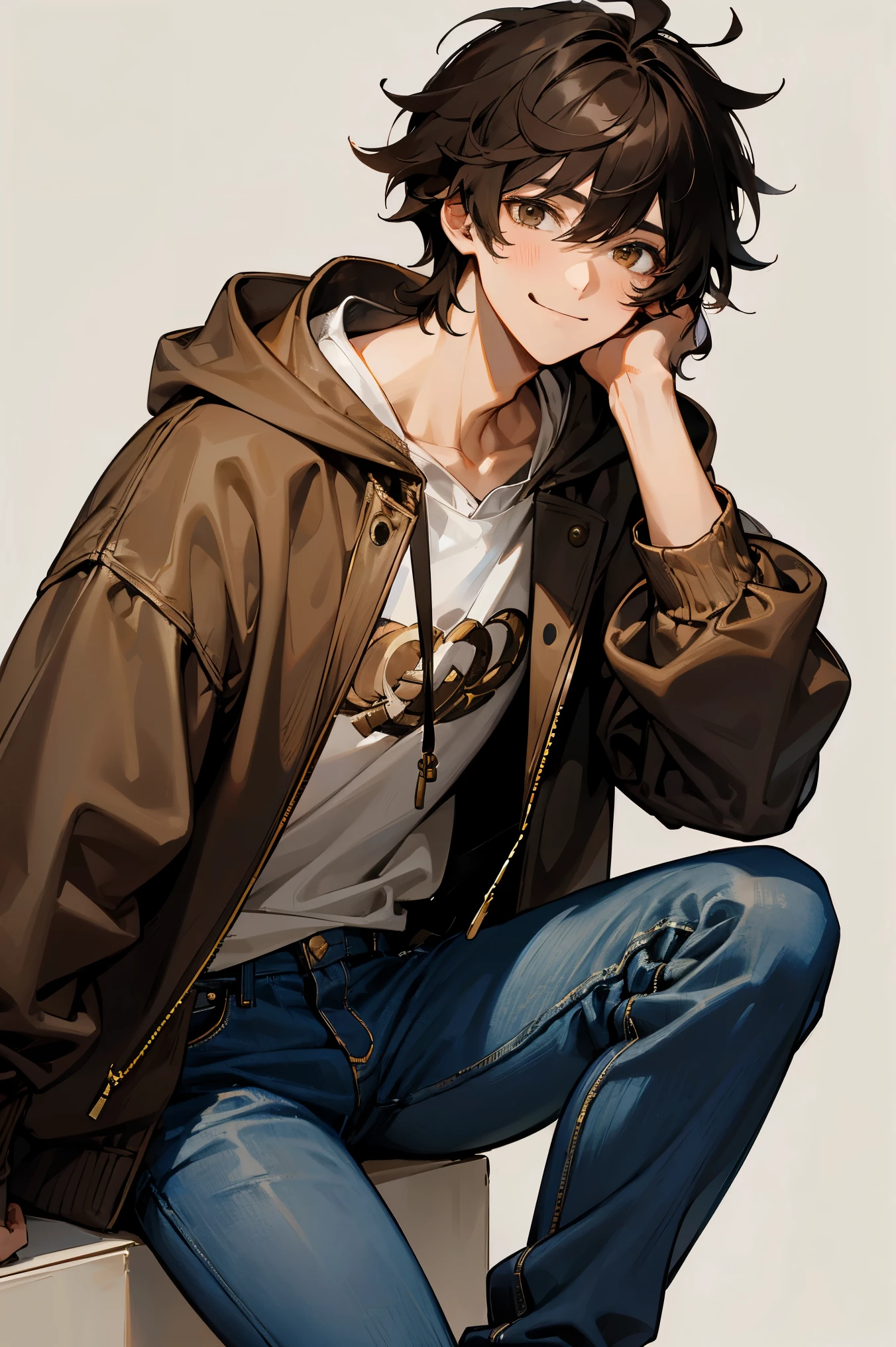 1male , black hair , messy hair, Light brown Gucci Hoodie , blue jeans , smiling expression , best generation , masterpiece quality , Young male , Casual Clothing
