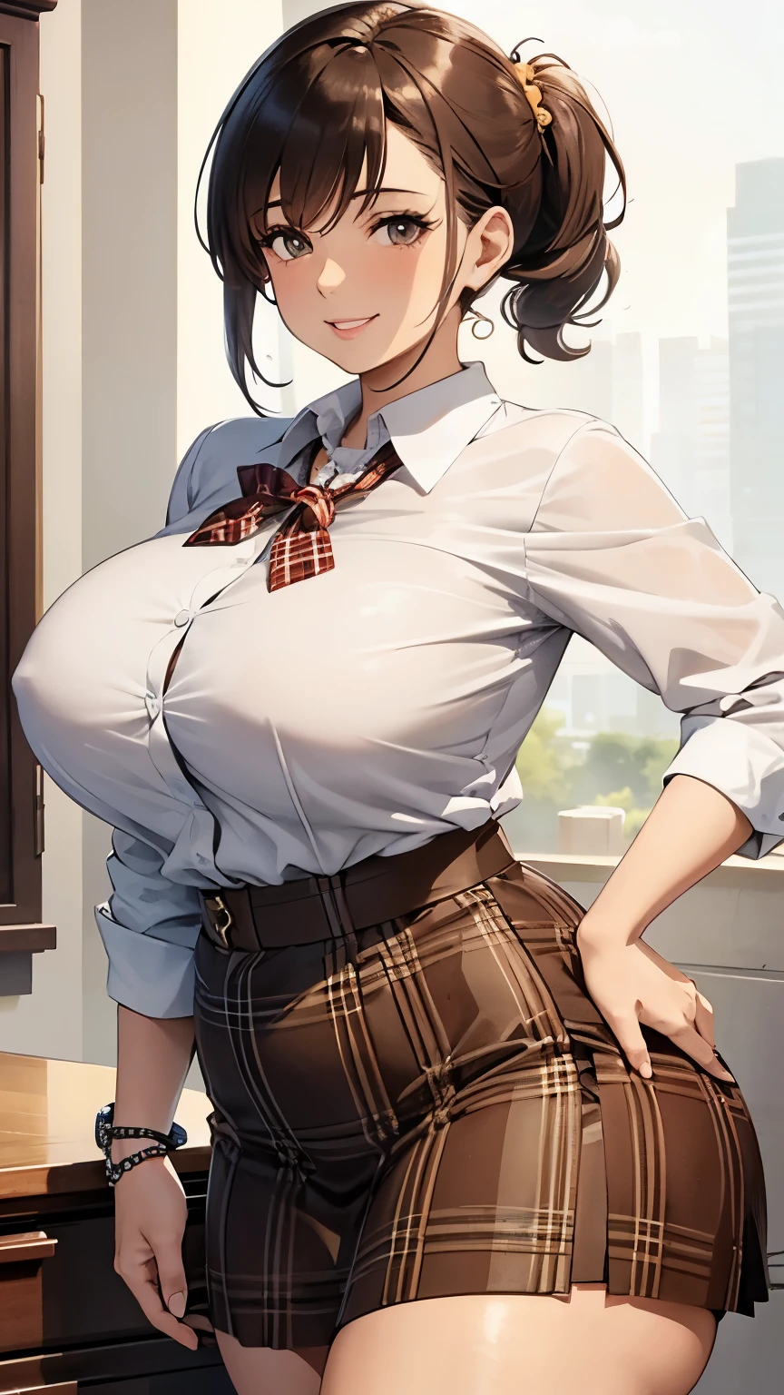Best quality, solo mature woman, giant breasts, giant ass, very curvy, short pony tail with bangs, walnut brown eyes, full lips, seductive, smiling, exposed white button up tied in a knot, plaid skirt, bracelet, thick thighs, curvy physique