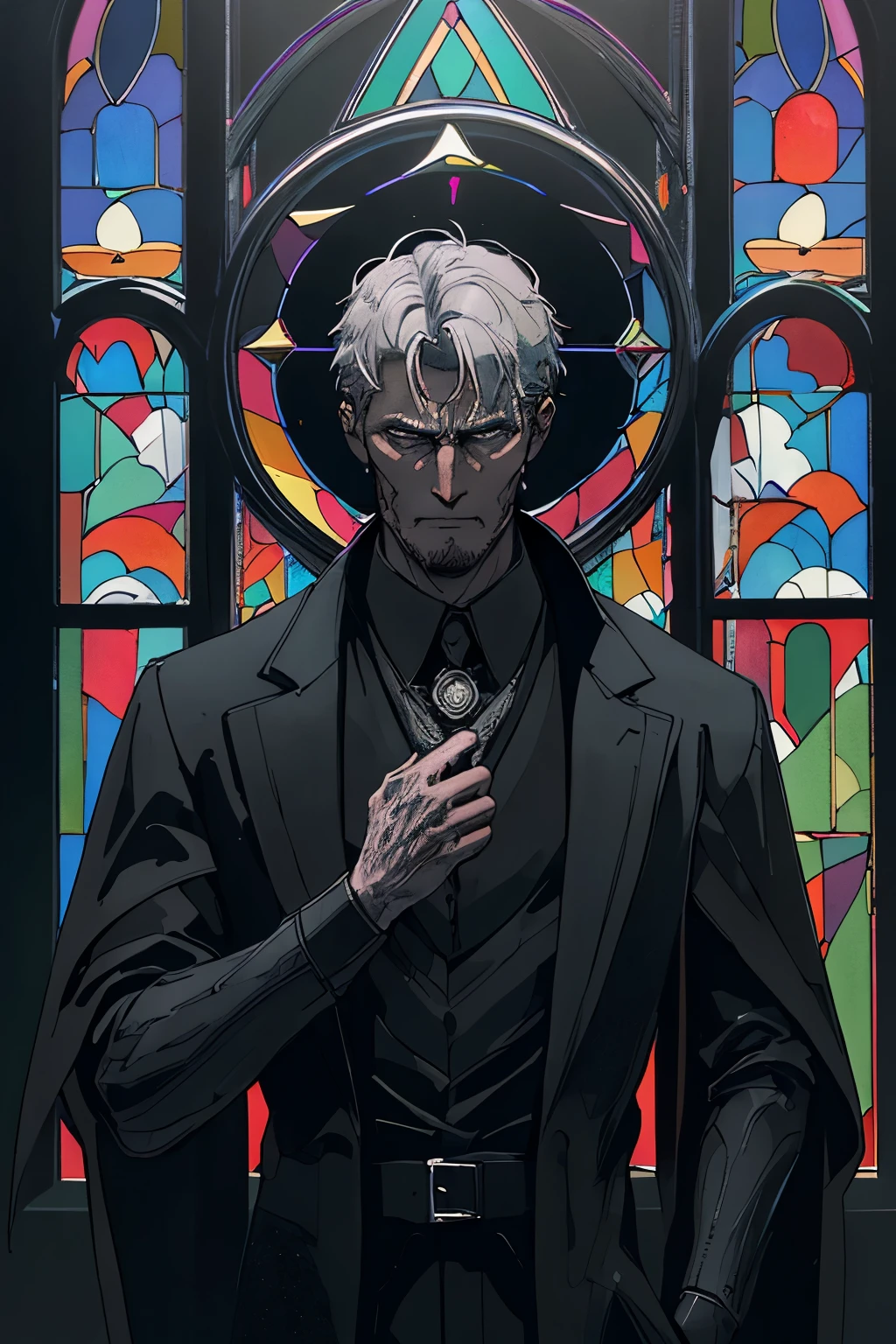 man in black_suit, collar, halo, gray_haired, portrait, sophisticated, temple indoors, decorations, stained glass windows, night, particles, chromatic aberration, detailed, cinematic, dark scene, fantasy masterpiece, ultra detailed, somber expression, hanged man tarot card imagery,