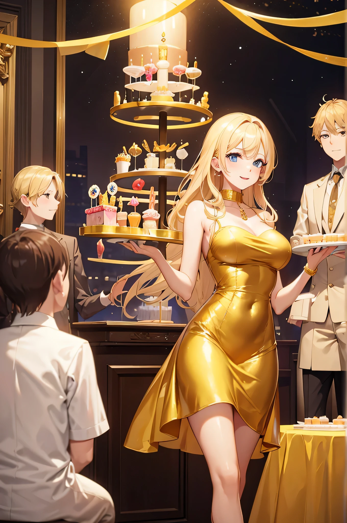 blonde woman during her birthday party, elegantly dressed, with a golden dress, she is in front of the birthday cake and she is happy to celebrate with her friends