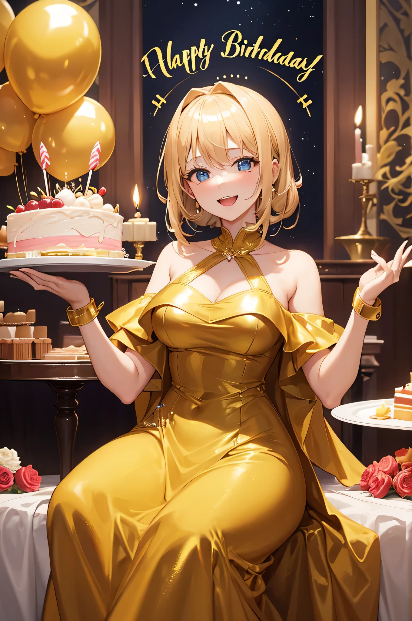 blonde woman during her birthday party, elegantly dressed, with a golden dress, she is in front of the birthday cake and she is happy to celebrate with her friends