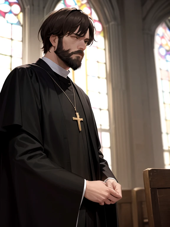 male priest, martin luther, black robe, old, handsome gentleman, beard, brown hair, cross necklace, religion, church in the background, dramatic lighting, cinematic angle, UHD, masterpiece, very detailed