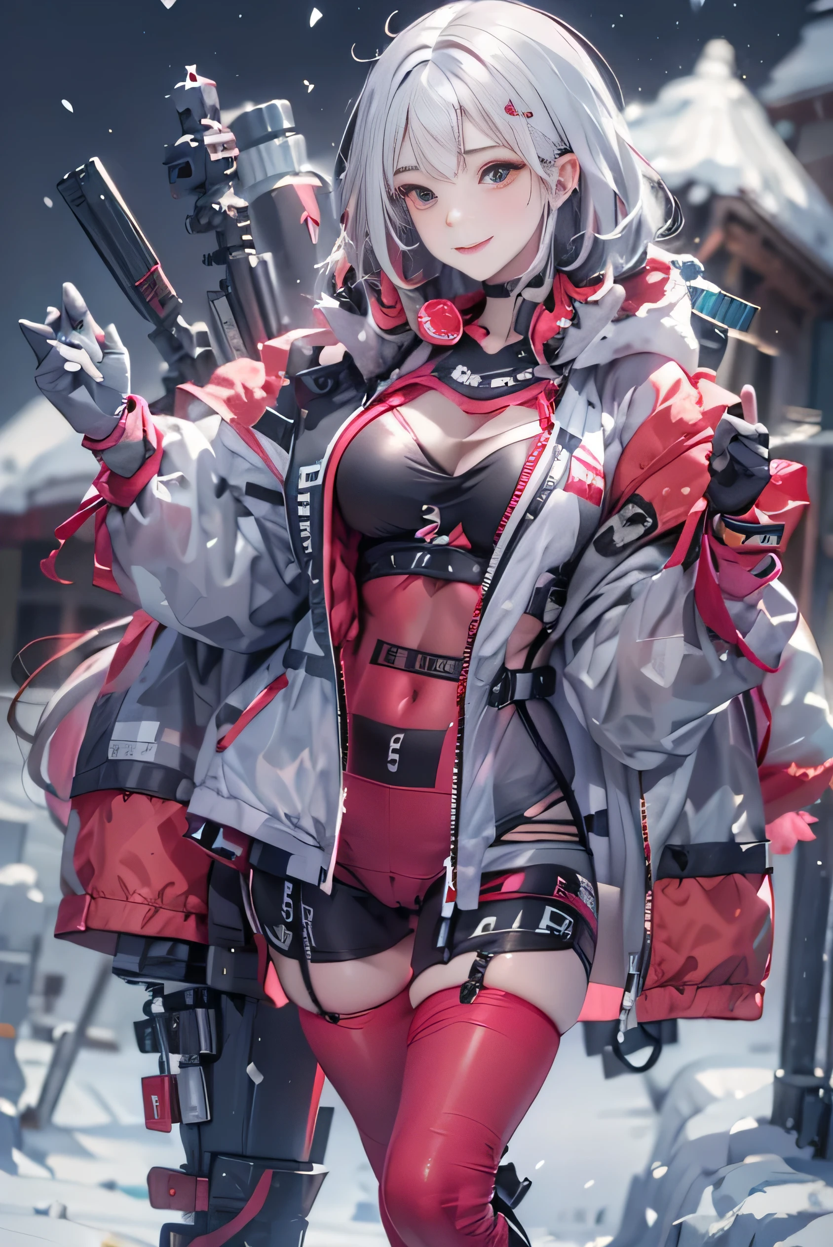 (realism:1.5、highest quality、masterpiece、High resolution、must-have)、snow mountainに立つ1人の23歳の女性、cyber punk、(Red Slingshot Swimsuit:1.5、choker、Down jacket:1.3)、beautiful skin、 (looking at the camera:1.2)、(Photo seen from below:1.3)、(medium hair:1.2、bright platinum hair:1.5)、expression(innocent smile:1.3、blush:1.3)、Pause(魅惑的なPause:1.5) 、background(snow mountain:1.5、Remains、apocalyptic world)、(Medium chest、slender、abs:1.2)、(transparent nipples:1.5)、(Sheer butt)、(definition perfect face:1.9)、Usually hands: 1.5、normal finger: 1:5、normal feet: 1.5、(cameltoe)