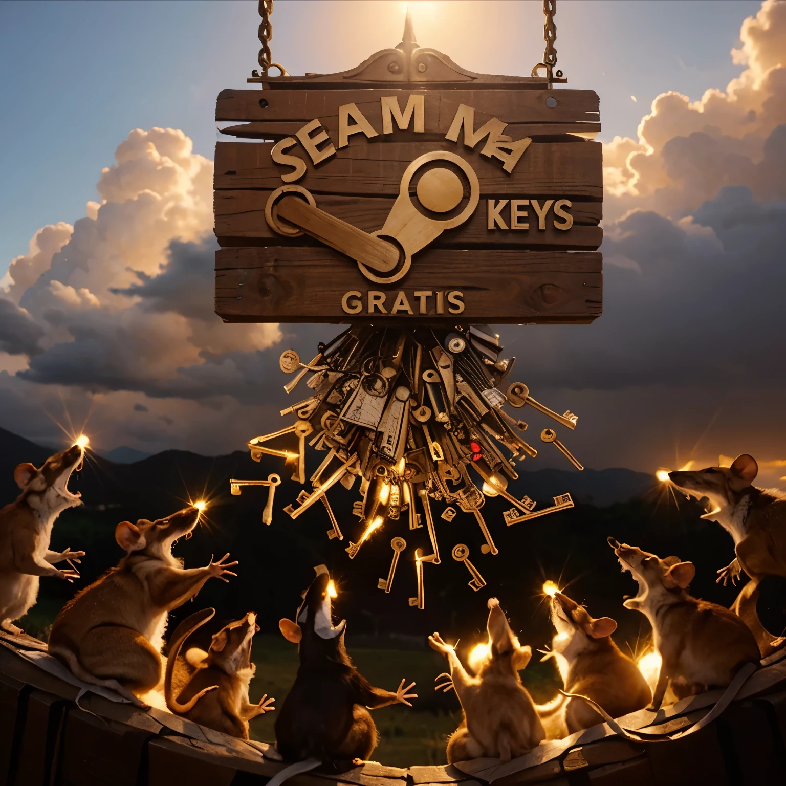 Un cartel colgado del cielo con el logo steam y muchas llaves, muchos ratas abajo sorprendidas, el cielo de fondo, heaven background, sunny day,