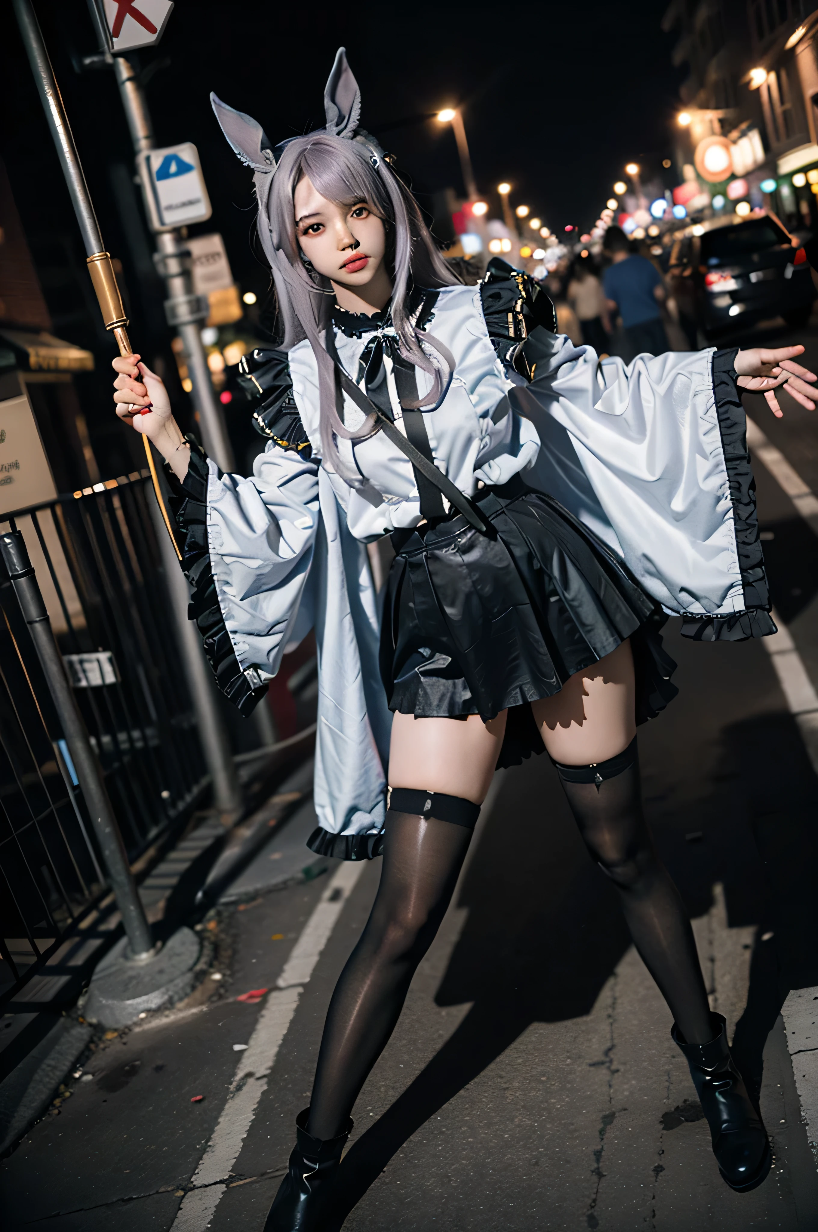 best quality, masterpiece, realistic, (photorealistic:1.4), 1girl, solo, full body, karyl costplay costume, cosplay, animal ears, detached sleeves, thighhighs, boots, arm at side, detailed background, in street, night, low angle, panty reveal, undressed, exposed