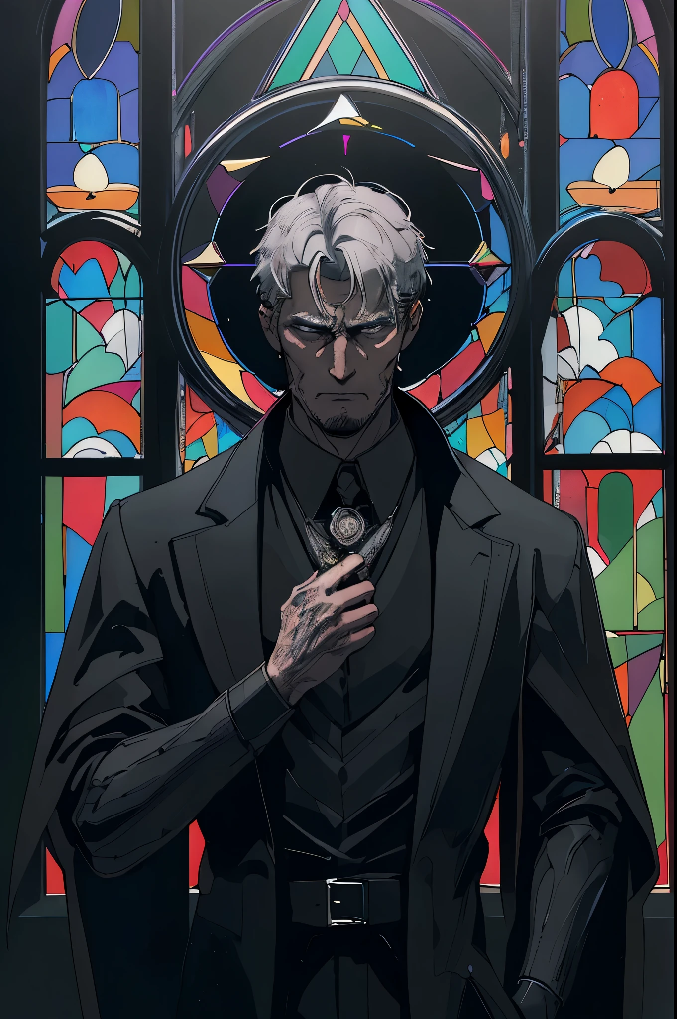 man in black_suit, collar, halo, gray_haired, portrait, sophisticated, temple indoors, decorations, stained glass windows, night, particles, chromatic aberration, detailed, cinematic, dark scene, fantasy masterpiece, ultra detailed, somber expression, hanged man tarot card imagery, (pupils),