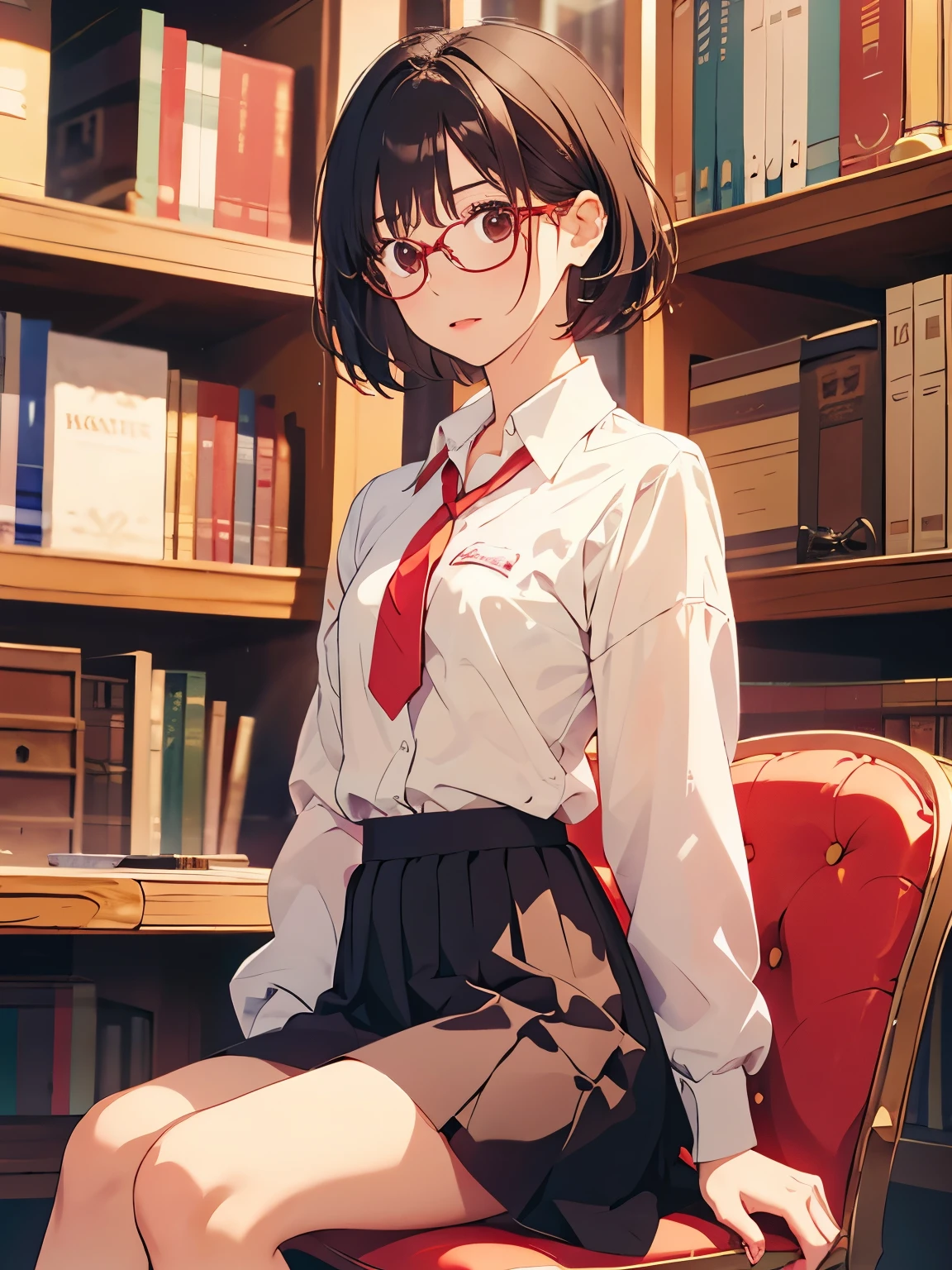 { masterpiece: best quality } { school theme } { background = in a library : books } { Character = Dahyun : fit body : short dark bob hair with straight bang : wearing glasses : white collar shirt : red tie : black skirt } { Sitting on a chair : studying : serious face }