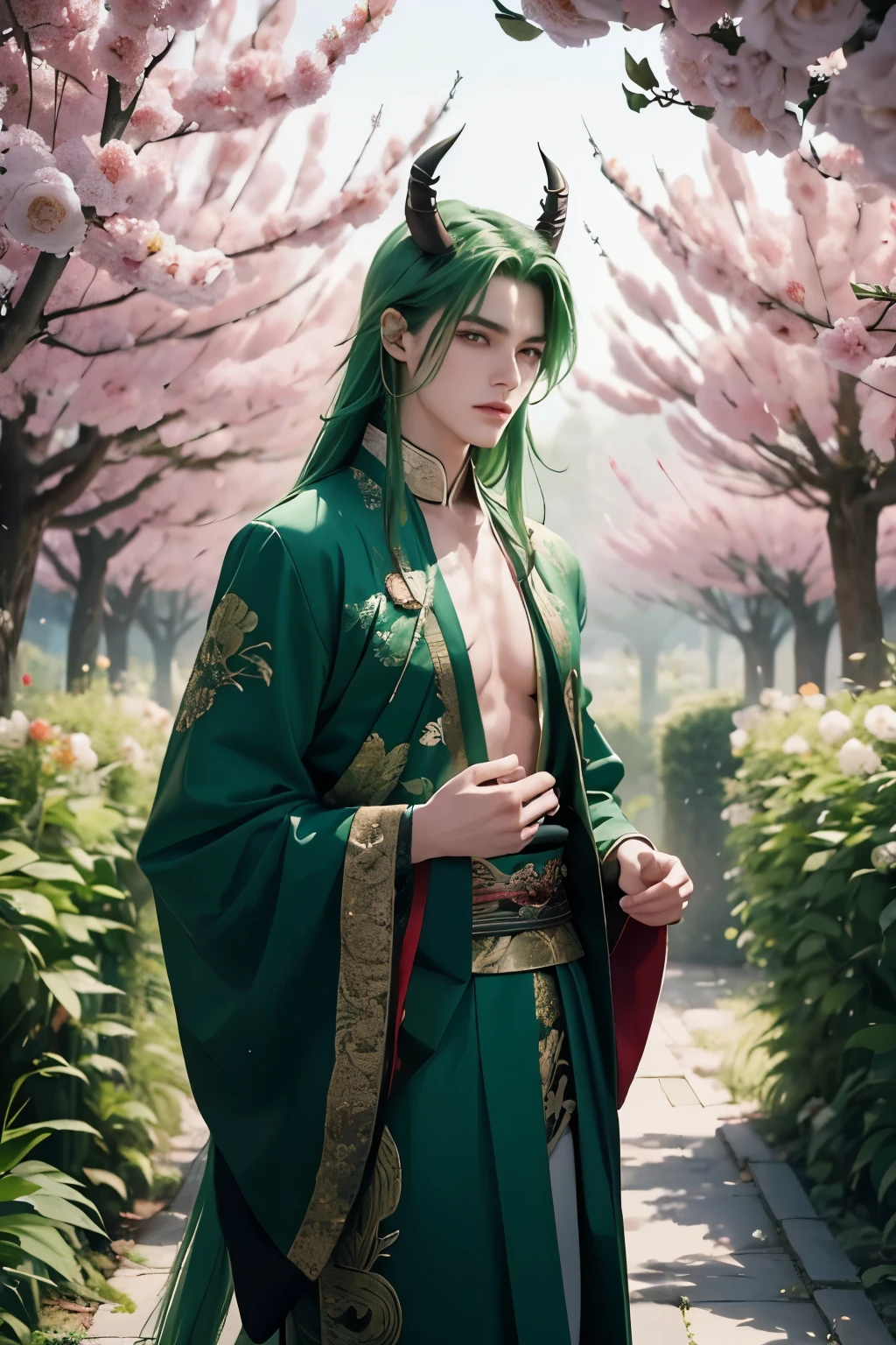 He is a handsome man with long green hair, he is 18 years old, he has horns, he wears Chinese clothing open at the chest, he is sensual, he is on a background of flowers, he walks through a garden in an elegant way ((perfec face)) halfbody