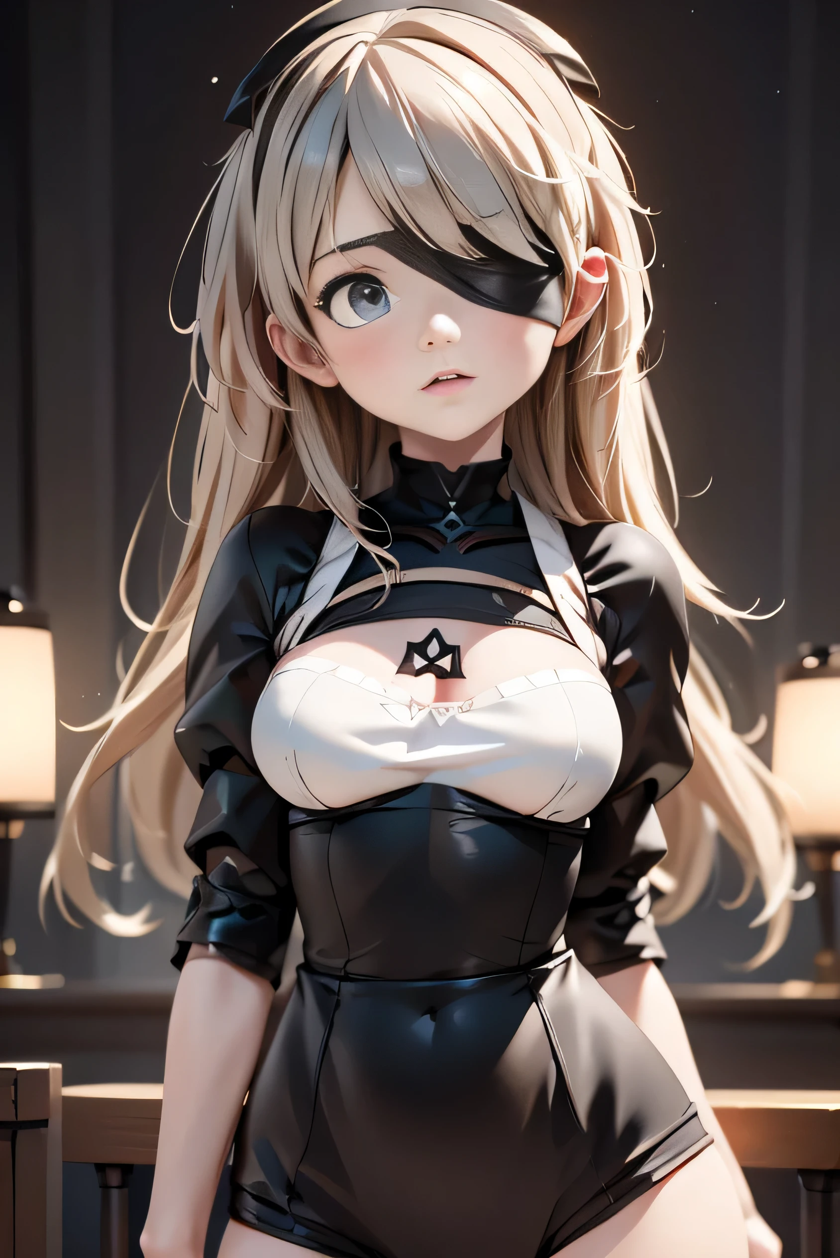 (masterpiece、NieR Automata 2B、Wearing a black blindfold、standing in a beautiful pose: 1.5) (highest quality、cinematic lighting: 1.5)、perfect eyes、perfect face、voluminous lighting、Cinematic presentation in a sunlit atmosphere、Slight frills、black stockings、fascinating、The background is a romantic night cathedral setting、Super close-up、Highly emphasized hourglass figure、(Inner meat: 0.5)、(nipple protrusion: 0.5)