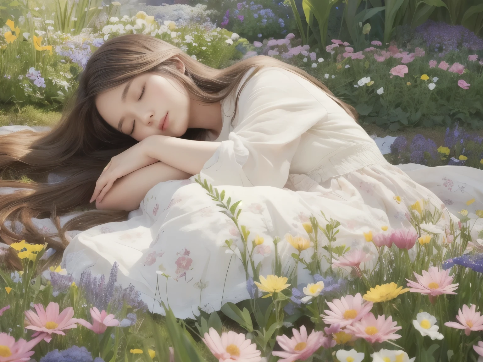 Under the gentle sunshine、Create a beautiful illustration of a long-haired girl sleeping in the center of a flower garden. Her hair should be fluttering in the wind, vivid flowers々surrounded by. Illustrations must be high resolution, with exquisite details. Use a color palette of muted pastel tones、convey elegance and tranquility.