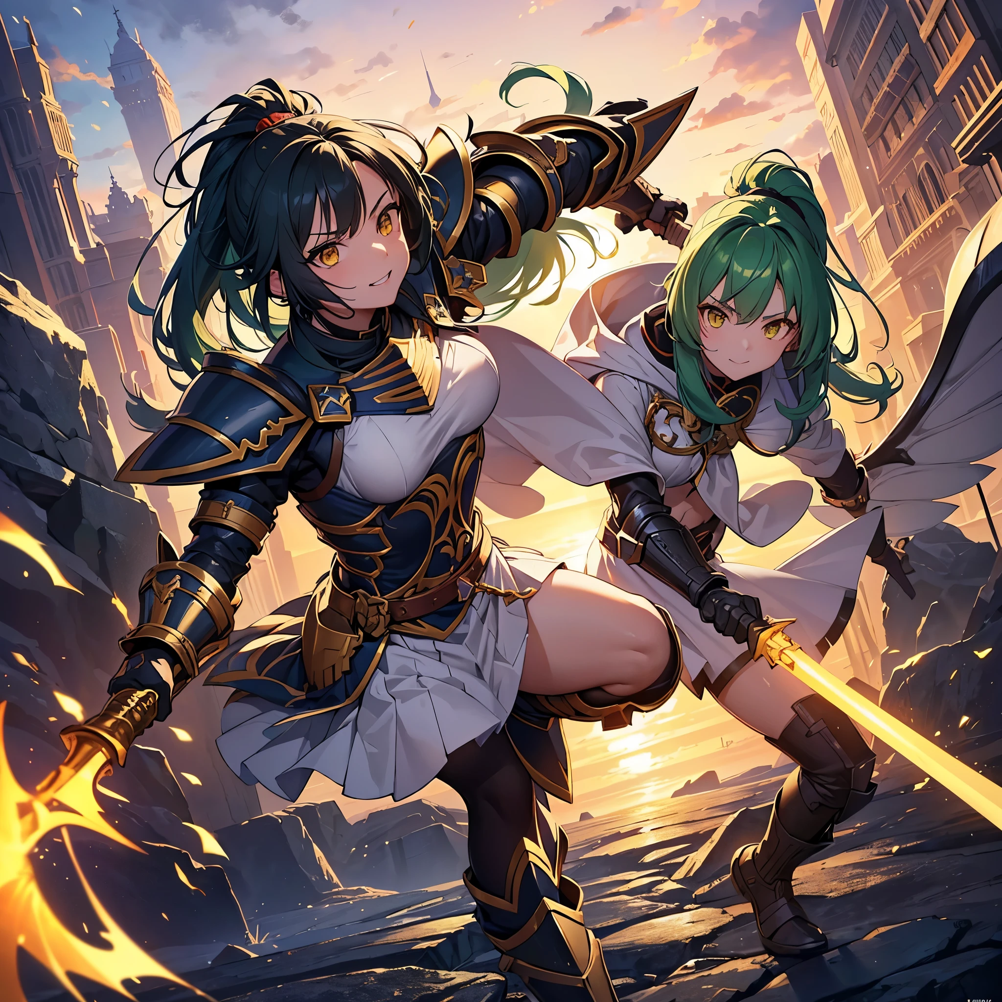 perfect anatomy, masterpiece:1.2, best quality, 8k, beautiful detailed grow, daydreaming expression, break, (((hand holding divine biggest hand ax gripping ax in hands))), (battle style:1.3, combat readiness), (soro:1.2, 14 yo cute divine ax knight girl, ponytail green hair long hair, cute yellow eyes, serious smile), (in a battle armor), break, in the battlefield at dusk.
