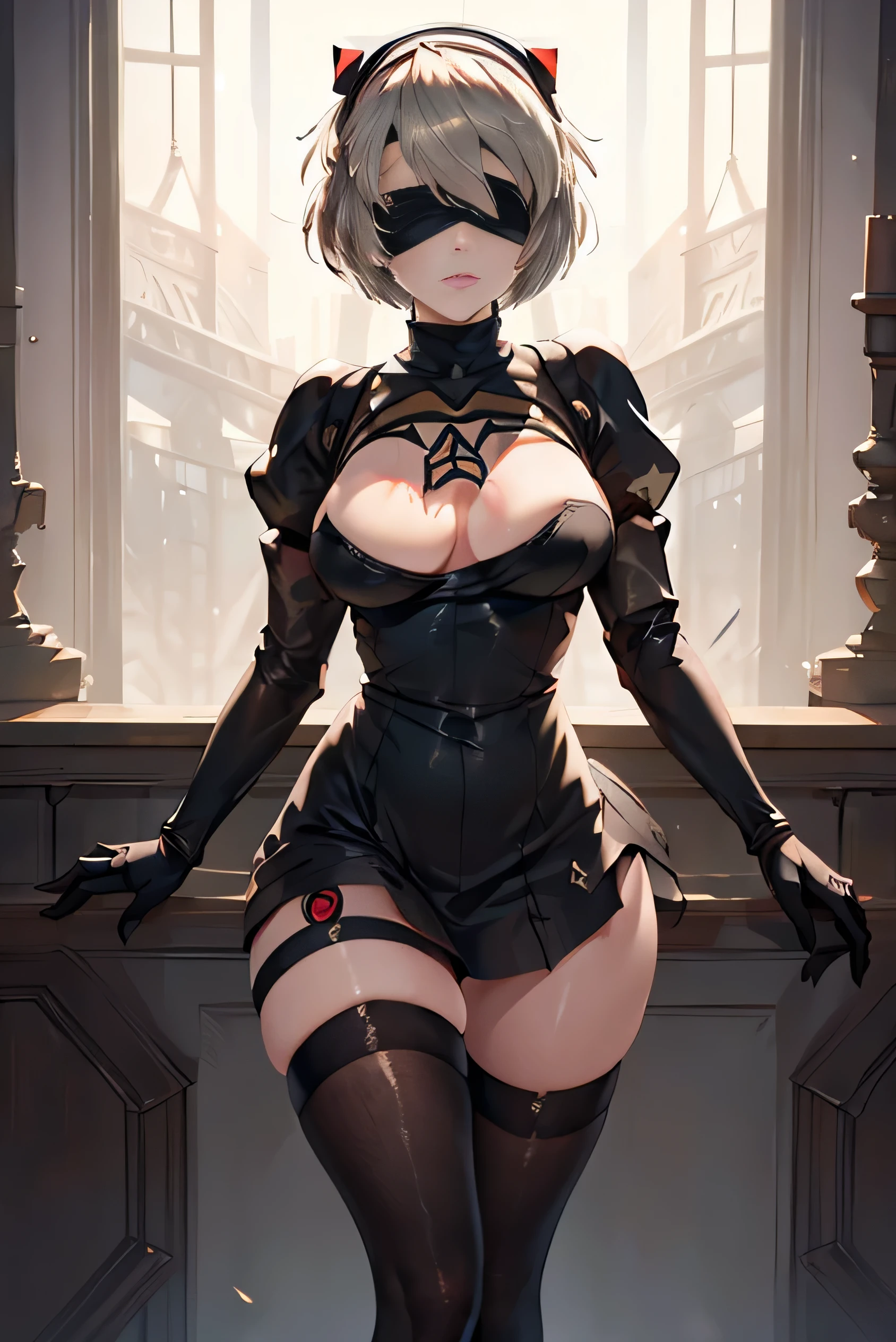 (masterpiece、NieR Automata 2B、Wearing a black blindfold、standing in a beautiful pose: 1.5) (highest quality、cinematic lighting: 1.5)、perfect eyes、perfect face、voluminous lighting、Cinematic presentation in a sunlit atmosphere、Slight frills、black stockings、fascinating、The background is a romantic night cathedral setting、Super close-up、Highly emphasized hourglass figure、(Inner meat: 0.5)、(nipple protrusion: 0.5)