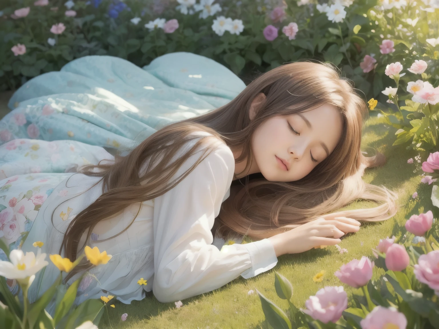 Under the gentle sunshine、Create a beautiful illustration of a long-haired girl sleeping in the center of a flower garden. Her hair should be fluttering in the wind, vivid flowers々surrounded by. Illustrations must be high resolution, with exquisite details. Use a color palette of muted pastel tones、convey elegance and tranquility.