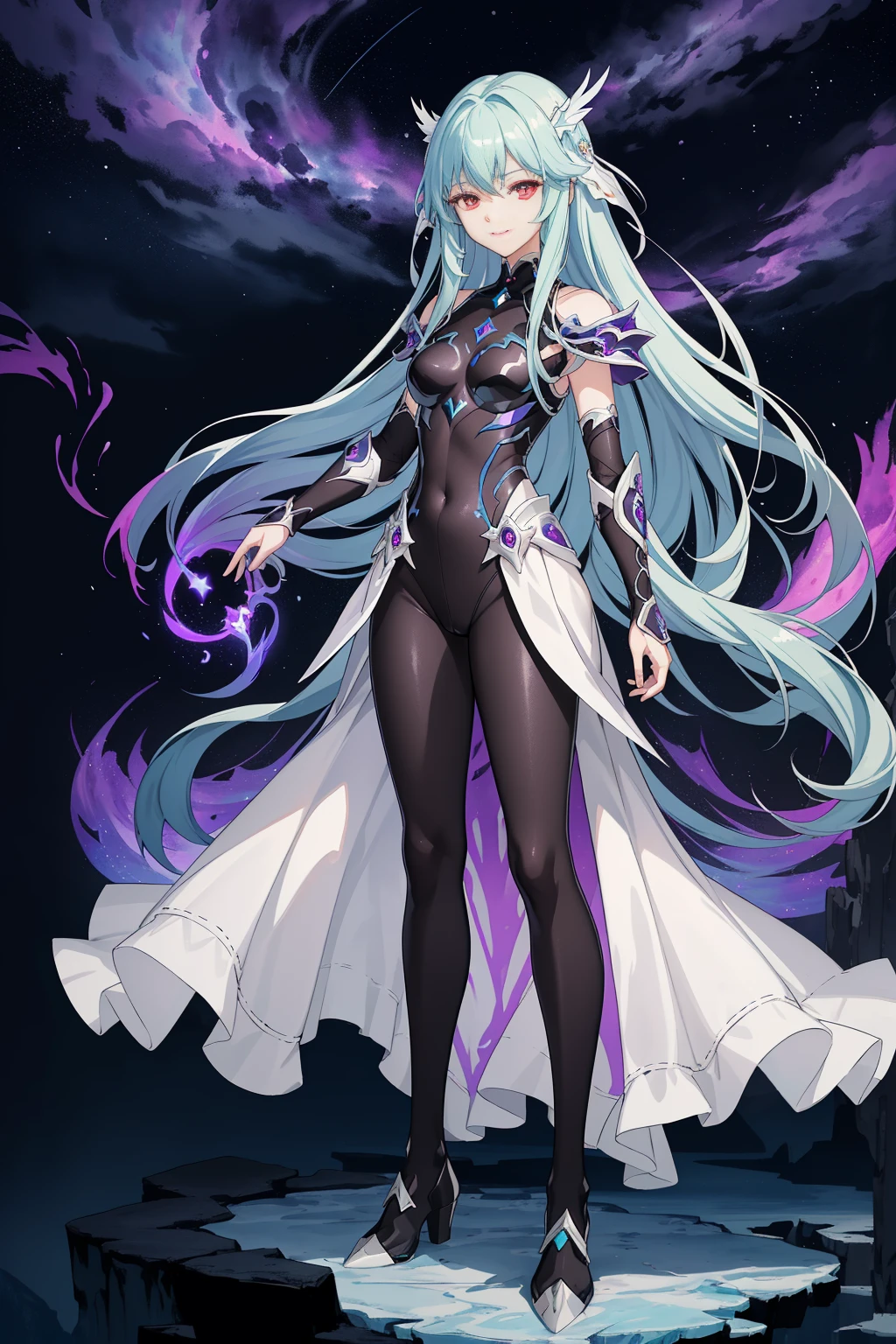 (((full body photo))) (high-quality, breathtaking),(expressive eyes, perfect face), 1girl, female, solo, armor, dark onyx purple armor, saint seiya armor, spectre armor, light cyan blue hair, long hair, red eyes, ( watercolor \(medium\), night sky background, ice, small smile