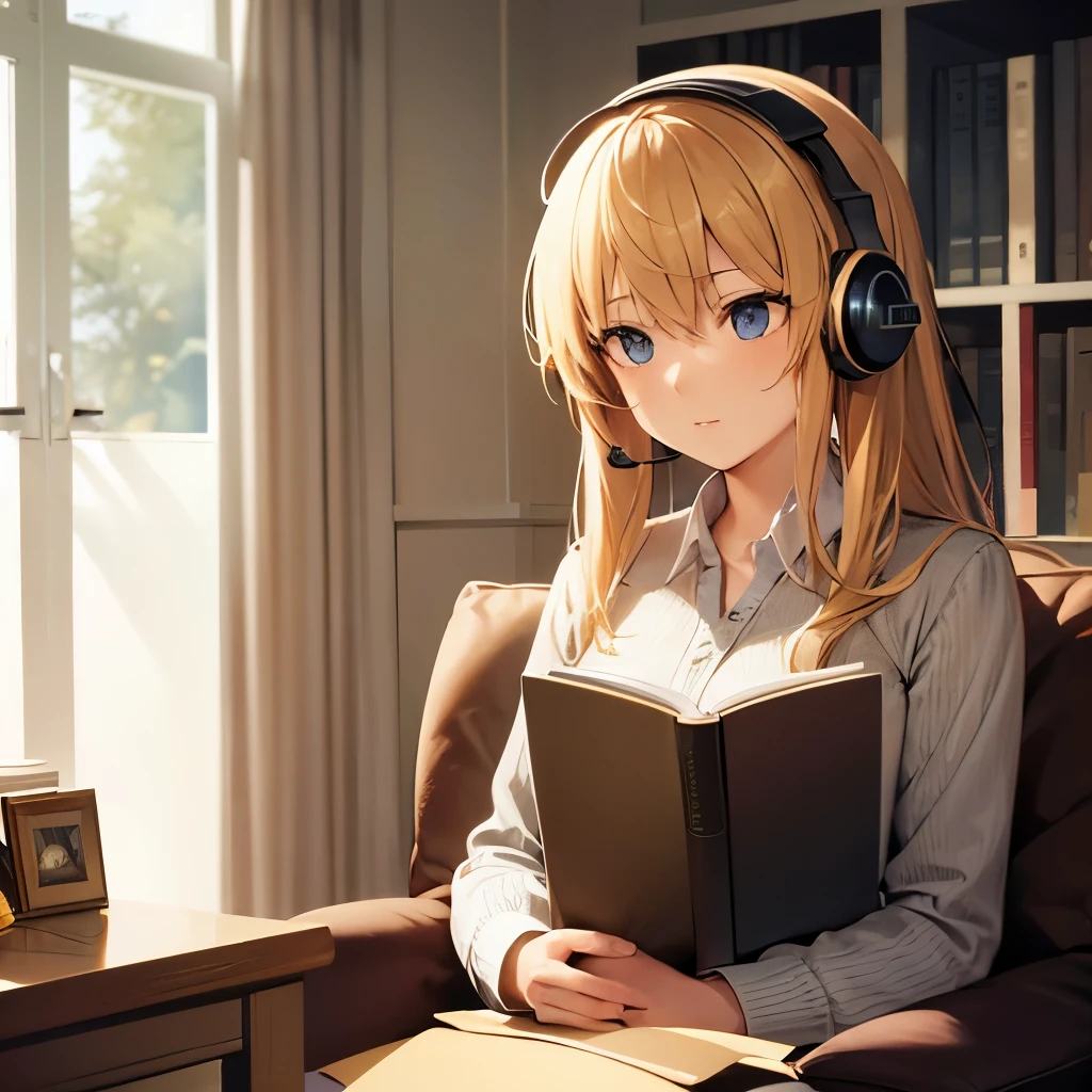 Girl with blonde hair in her room, with a headset in her ear, reading a book, sitting on the chair, with her cat on her lap