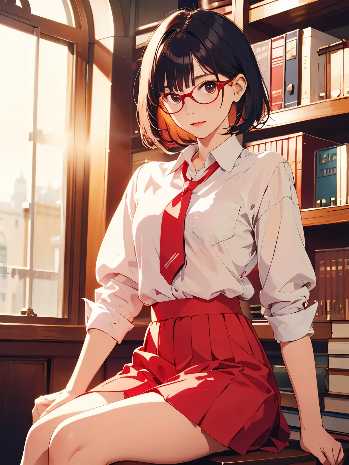 { masterpiece: best quality } { school theme } { background = in a library : books } { Character = Dahyun : fit body : short dark bob hair with straight bang : wearing glasses : white collar shirt : red tie : black skirt } { Sitting on a chair : studying : serious face }