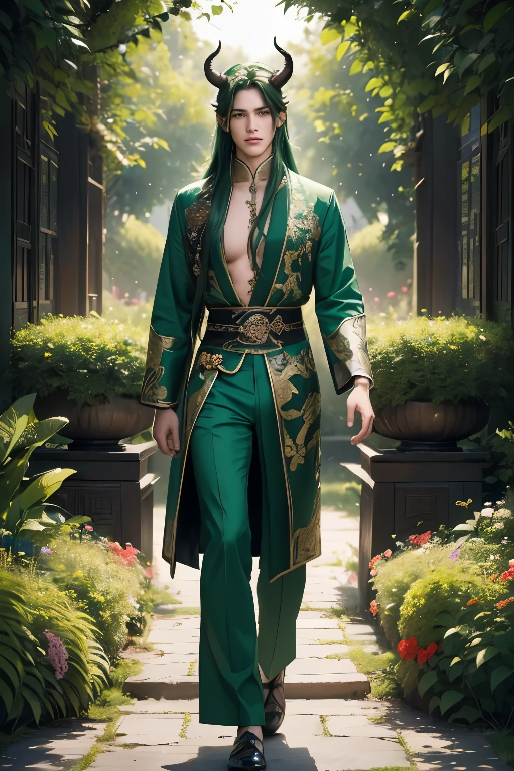 ((Best quality)), ((masterpiece)), (detailed), ((perfect face)), ((halfbody)) perfect proporcions, He is a handsome man with long green hair, he is 18 years old, he has horns, he wears Chinese clothing open at the chest, he is sensual, he is on a background of flowers, he walks through a garden in an elegant way ((perfec face)) fullbody+