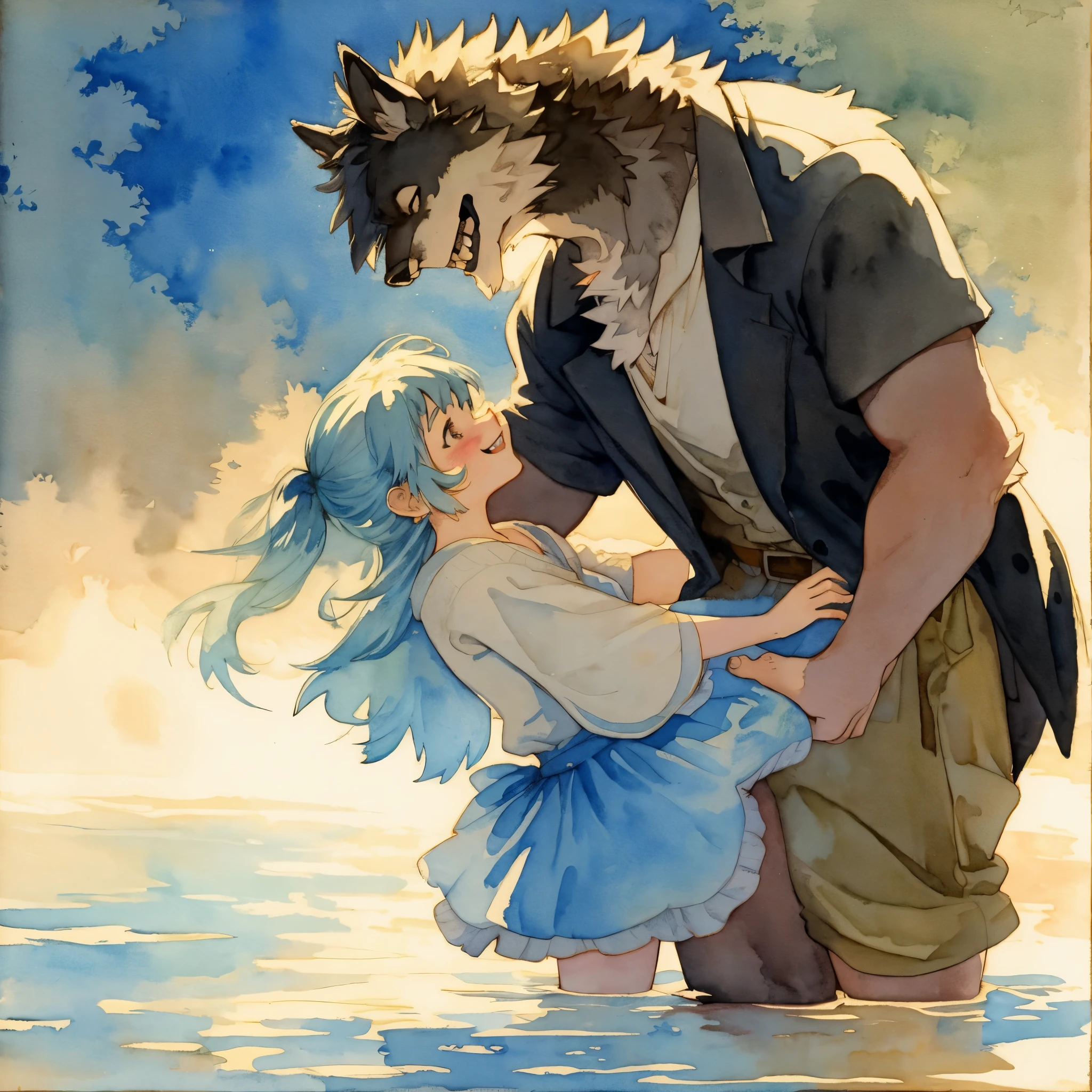 watercolor, soft color, Vintage images, highres, unparalleled masterpiece, absurdres, love story of human girl and giant Werewolf, pair, Height difference, Physical difference, perfect anatomy, smile, joyful, play with, smile, happy, watercolor,