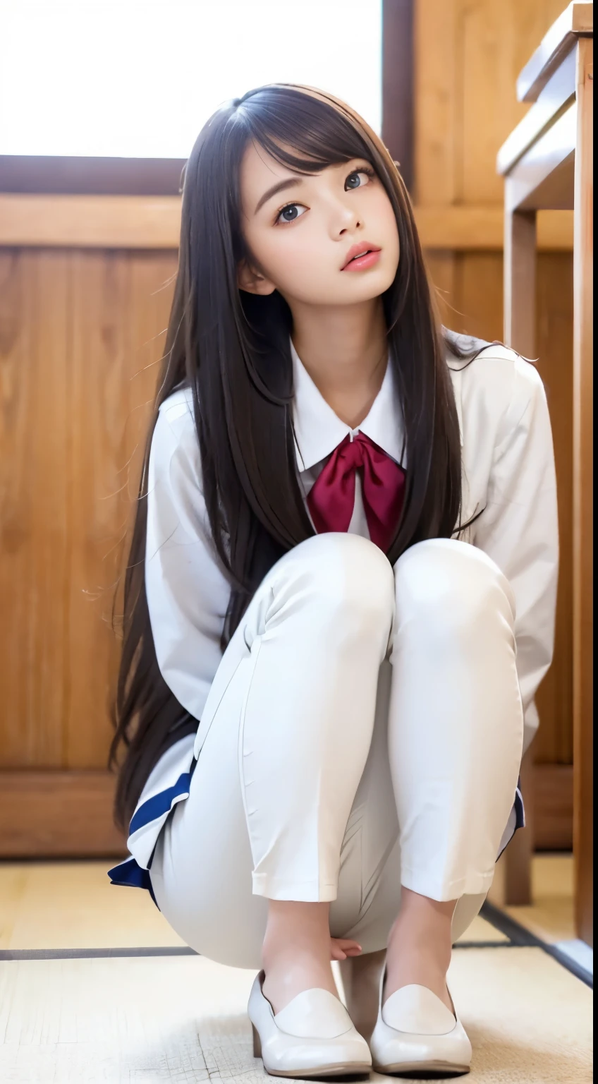 put your hands on your knees、((I can see white pants))、(Crouching panty shot)、double eyelid、perfect fingers、perfect proportions、big breasts、eyelash、put the heel on the ground、beautiful and detailed eyes、Super detailed、High resolution、transcendental beauty、highest quality、masterpiece、((japanese girl' high school uniform))、very detailed expression、school classroom、highly detailed appearance、18 year old girl、positive、(((dynamic pose)))、((sit up straight with your knees bent))、sexy upper eyes、Low - Angle、(((I can see white pants)))