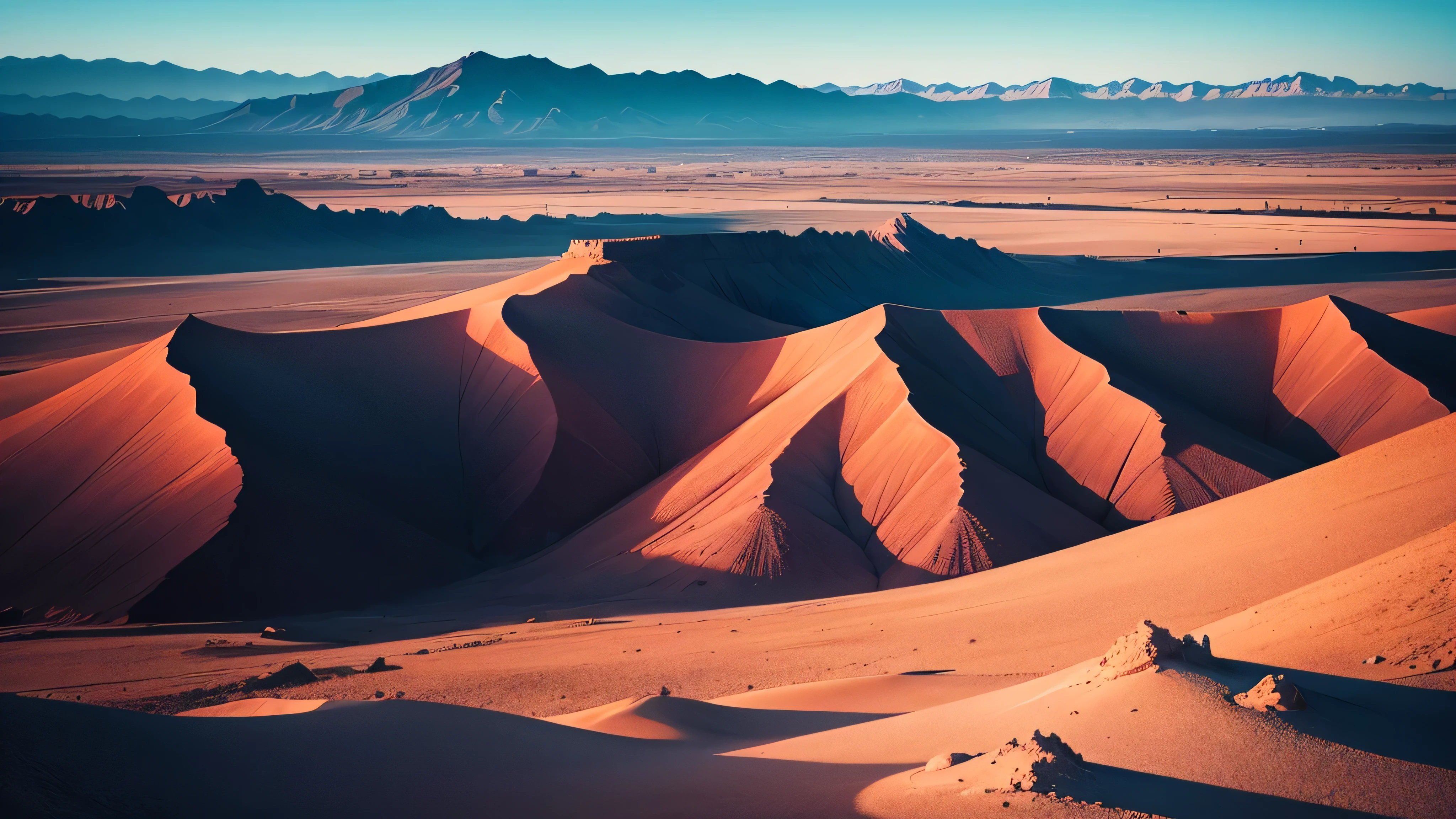 neon desert, flat plains, mountain, silhouette