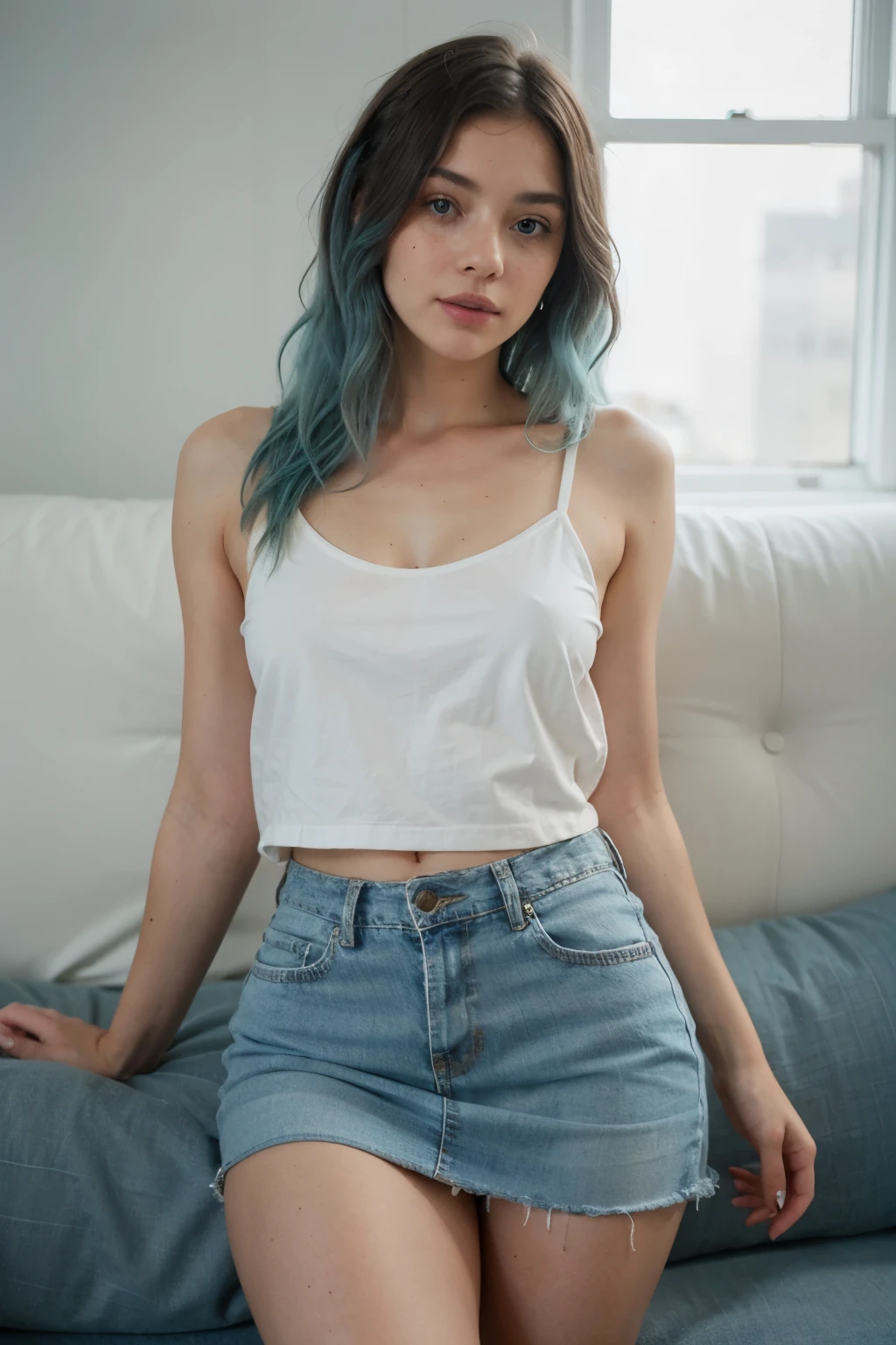 beautiful woman with aqua color hair, in the style of soft, blended light aqua and light turquoise, wavy, messy, iconic, bold and contrasting colors, light freckles, on a couch, wearing tight jean skirt, slim body, fit, thick thighs, dreamy and romantic compositions, indigo and azure, folk-inspired motifs, light orange and azure, natural materials, white and azure, model pose