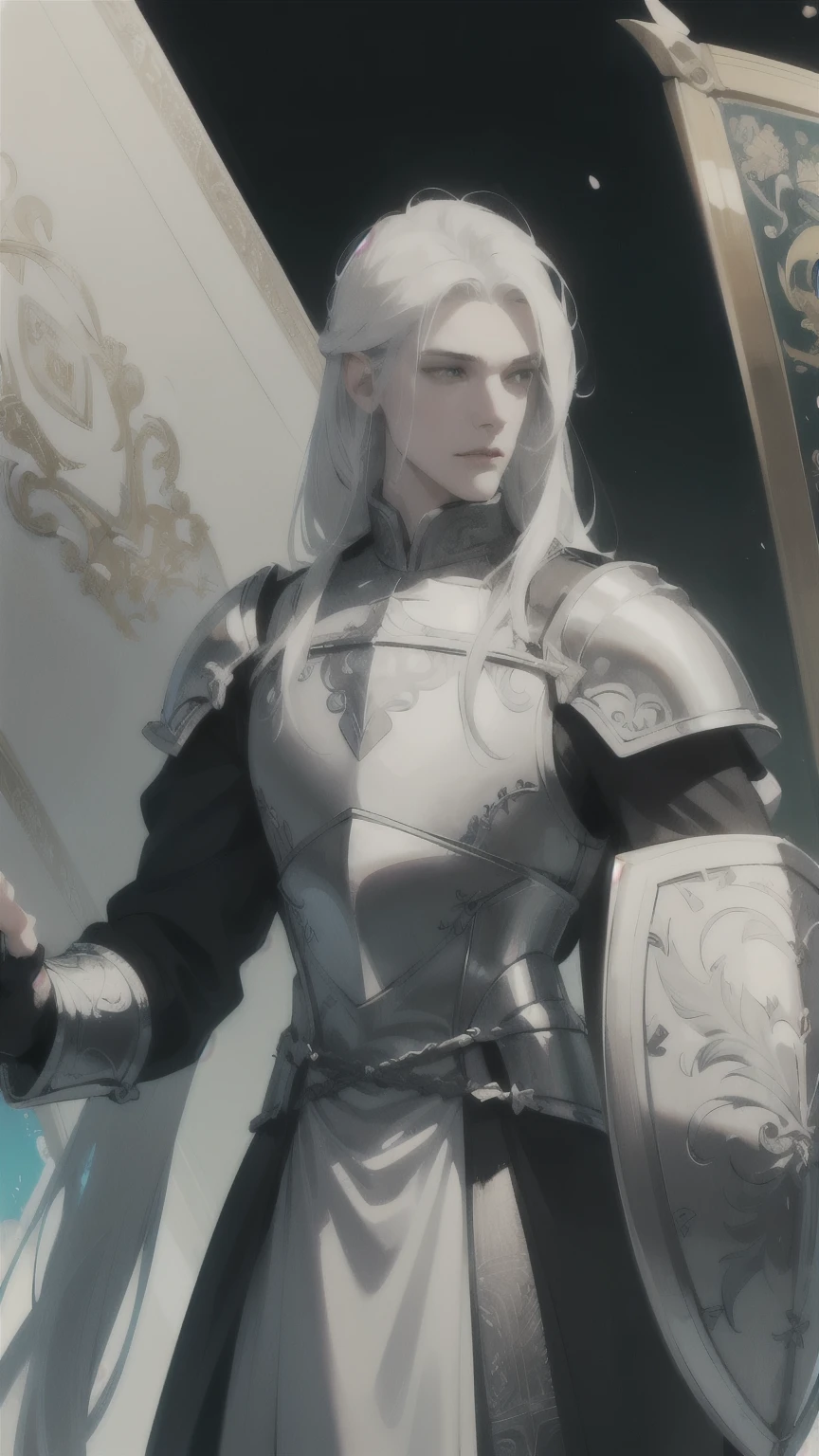 (gleaming shield:1.1, silver accents on armor)
28-year-old man with (albino) features,(ultra-detailed, anime style) (long white hair) flowing down to his waist. He stands tall and proud, dressed in (knight) armor that exhibits (silver accents on armor) (best quality), reflecting the light around him.
His (gleaming shield:1.1) features intricate engravings, adding to the overall grandeur of his appearance. The armor itself is meticulously designed, with (ultra-detailed) craftsmanship showcasing every curve and crevice.
With a (gentle smirk) on his face, the knight exudes a sense of confidence and wisdom. His (beautiful detailed eyes) gaze forward, observant of everything that surrounds him. The (sharp focus) on his (beautiful detailed lips) lights up the otherwise serious expression.
The scene is set against a picturesque backdrop, an ethereal (anime style) landscape. The colors are (vivid), with vibrant shades of greens and blues dominating the scene. The lighting is (studio lighting) perfect, casting a soft glow on the knight, enhancing his commanding presence.
Overall, this prompt depicts a (28-year-old man) (knight) with (albino) features, (long white hair), and a (gleaming shield) adorned with (silver accents on armor). The (ultra-detailed, anime style) captures his elegance and power, while the (vivid colors) and (studio lighting) enhance the overall visual impact.