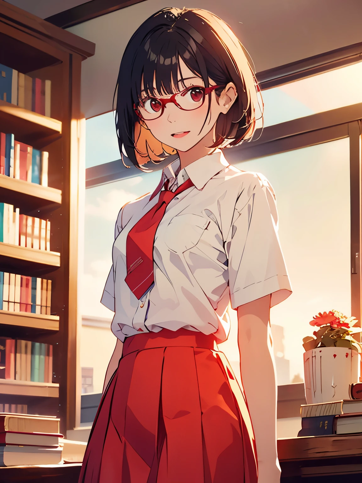 { masterpiece: best quality } { school theme } { background = in a library : books : sunset } { Character = Dahyun : fit body : short dark bob hair with straight bang : wearing glasses : white collar shirt : red tie : black skirt } { shocked : open mouth : sweats : standing : being confessed }