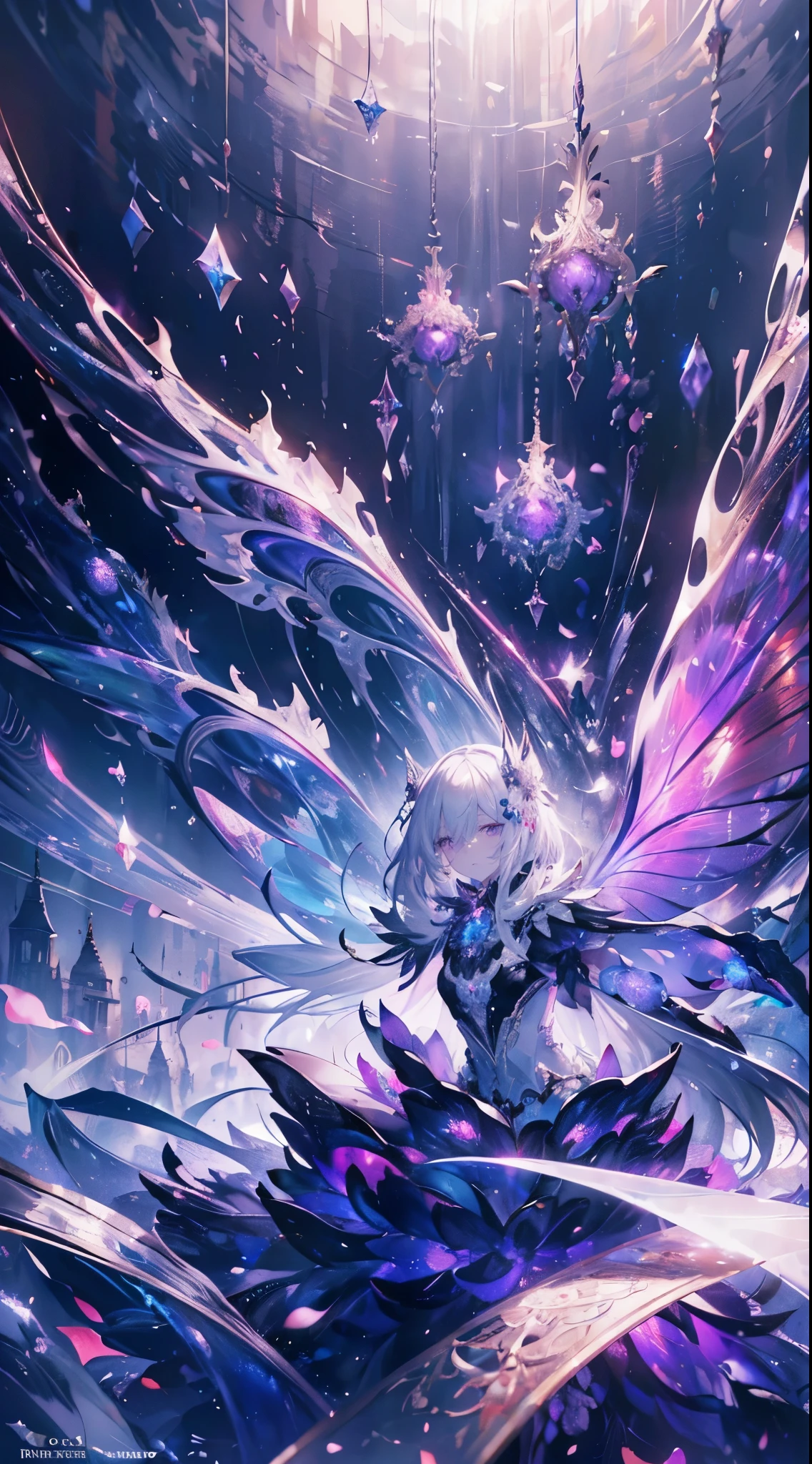 (highest quality, masterpiece, Super detailed, Extremely detailed, exquisite, 16k, disorganized, Full HD), Castles with Gothic architecture, luxurious and gorgeous decoration,(fairy knight princess, purple eyes, Big eyes, white skin, expensive, slim, spindly and long),(Decided, gone crazy, serious expression), (((prepare to attack with sword:1.2))), looking at the viewer, cover one eye, Bunching long hair back, gray hair, (fantasy, romantic atmosphere), theater studies, realistic, , (medium shot), (from below), low angle shot, Front view, ((symmetrical configuration)), shine, (dramatic lighting), (cinematic lighting), (volume lighting), (dynamic lighting), (bright colors), bright colors, warm colors, (architectural photography)
