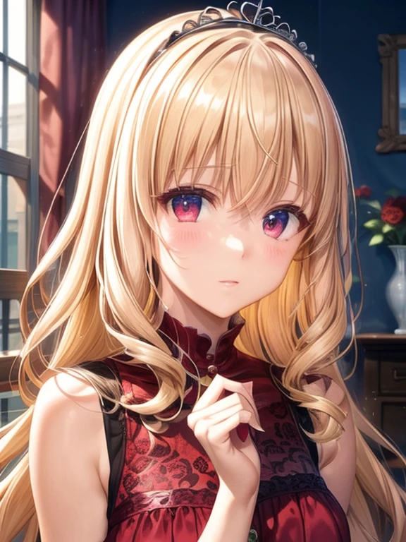 (masterpiece),(highest quality:1.0), (ultra high resolution:1.0), Detail view, 8K, anime, 1 girl, beautiful anime girl, wearing a red dress, flower crown, cute face, detailed face, beautiful eyes, fine eyes, dark red eyes, bright red lips, red lipstick, beadetailed stylish hair, hair highlights, bangs anime style, highest quality, vibrant