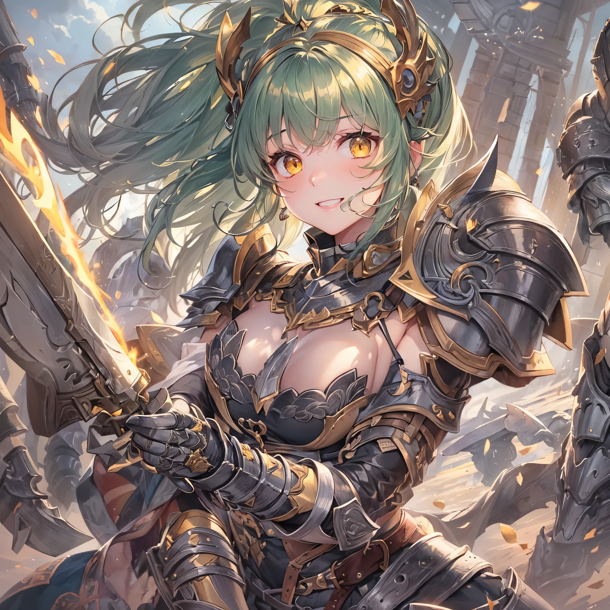 perfect anatomy, masterpiece:1.2, best quality, 8k, beautiful detailed grow, daydreaming expression, break, (((hand holding divine biggest hand ax gripping ax in hands))), (battle style:1.3, combat readiness), (soro:1.2, 14 yo cute divine ax knight girl, ponytail green hair long hair, cute yellow eyes, serious smile), (in a battle armor), break, in the battlefield at dusk.