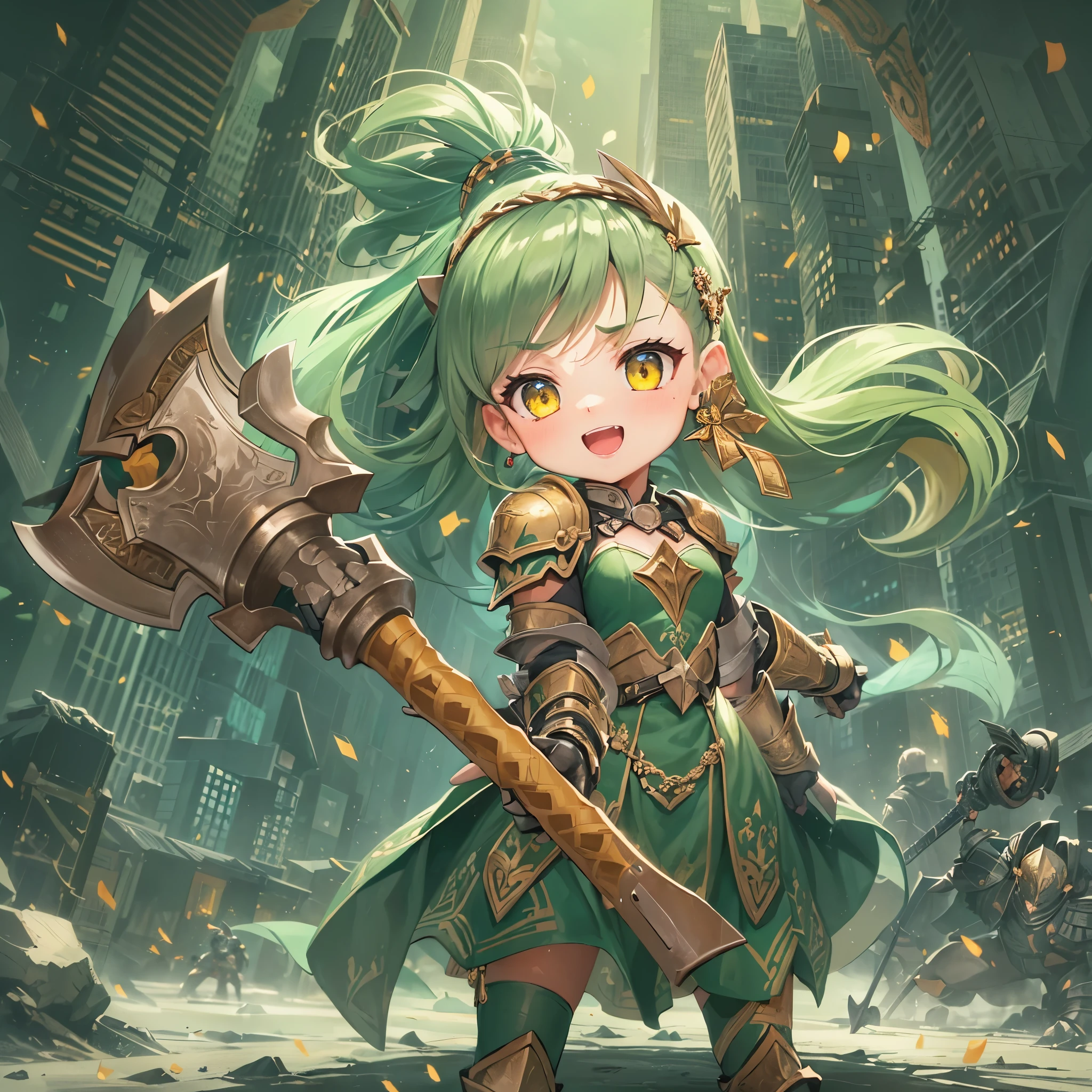 perfect anatomy, masterpiece:1.2, best quality, 8k, beautiful detailed grow, daydreaming expression, break, (((hand holding divine biggest hand ax gripping ax in hands))), (battle style:1.3, combat readiness), (soro:1.2, yo cute divine ax knight girl, ponytail green hair long hair, cute yellow eyes, serious smile), (in a battle armor), break, in the battlefield at dusk.