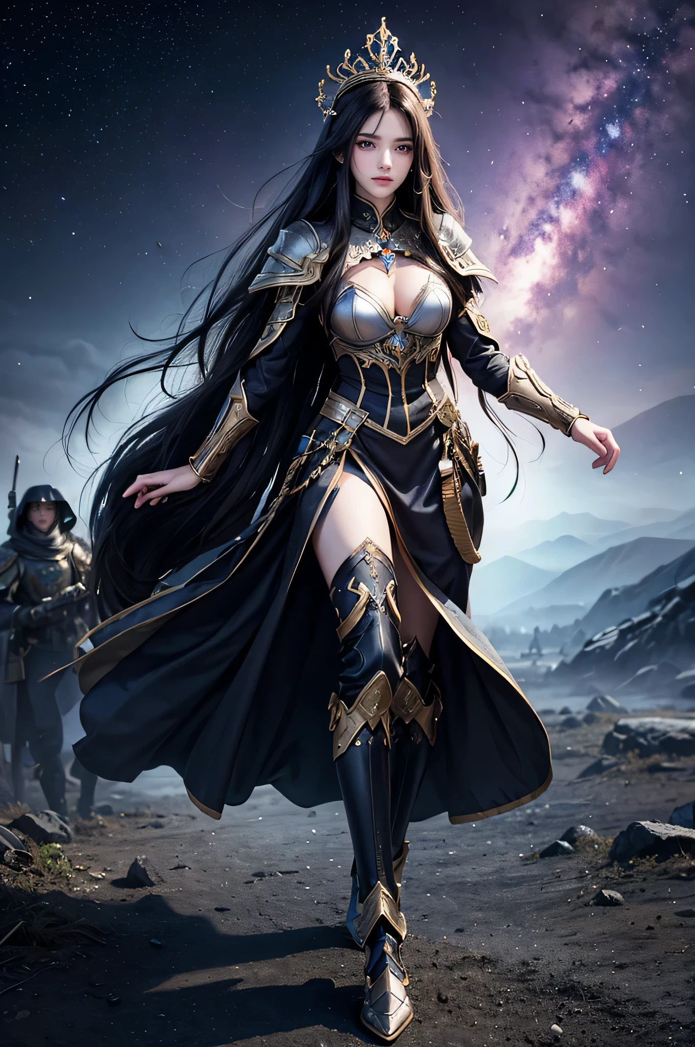 beautiful woman,detailed face,long dark hair,dark crown,detailed eyes,detailed armor clothes,full body,war background,neon colors, background is space