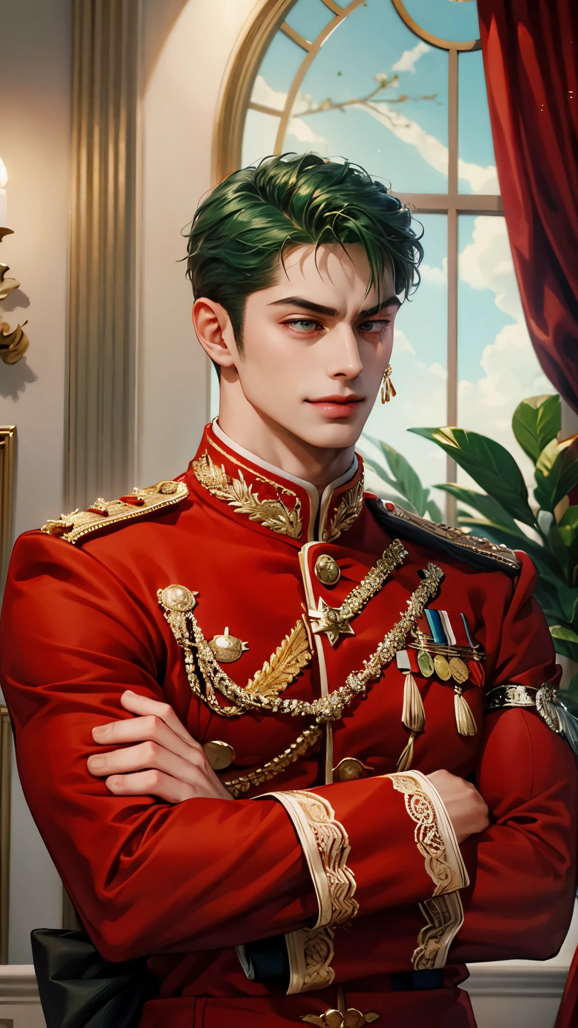 Handsome, 1 man, alone, red military uniform, red uniform, royal guard, red royal guard, tanned skin, muscular, big muscles, smirk, green hair, arms crossed