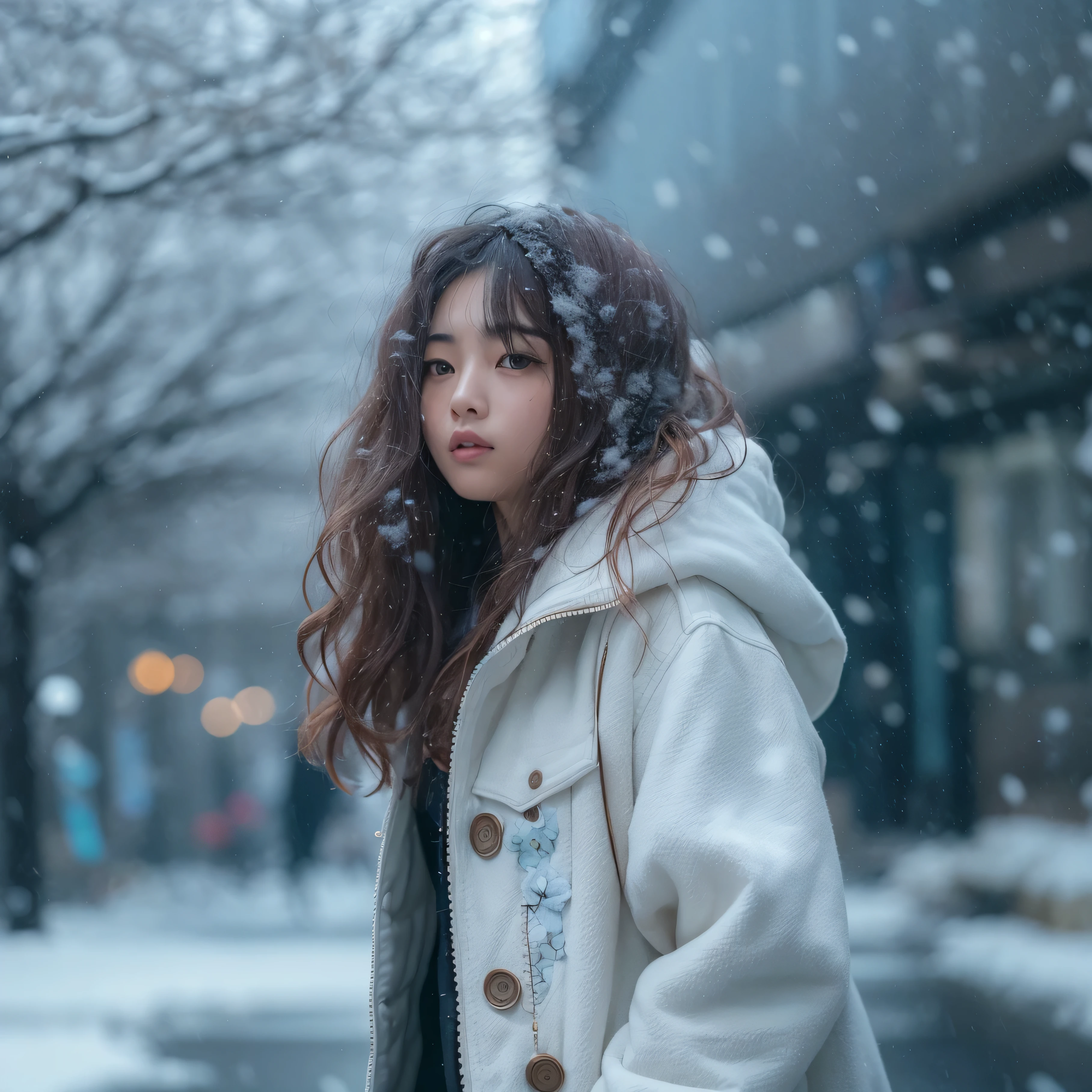 (8K, RAW photo, highest quality, masterpiece:1.2), (realistic, photo-realistic:1.4), (Highly detailed 8K wallpaper)18 year old looking up at the snow falling in Tokyo,Photo from the waist up,long hair.curly hair,white fleece jacket,black mini skirt.black long boots