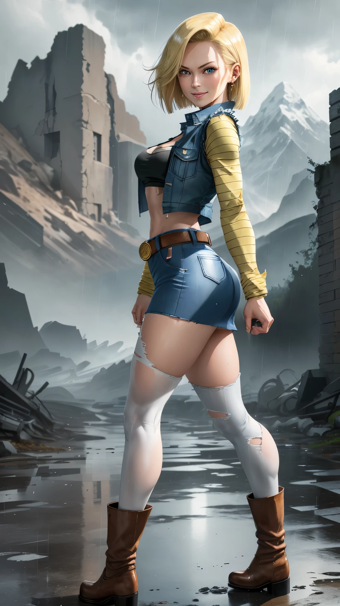 best quality, highres, and18, 1girl, android 18, solo girl, 1girl, blonde hair, blue eyes, belt, boots, tight blue demin skirt, gold_necklace, black shirt, short hair, long striped sleeves, earrings, open vest, denim vest, medium breasts, cowboy shot, mountains, straight-on, (weather: raining and windy), wet body, sexy smile, combat stance, full length pantyhose, battle ruins, wide hips, thick legs, torn clothes, closed fists, from behind,