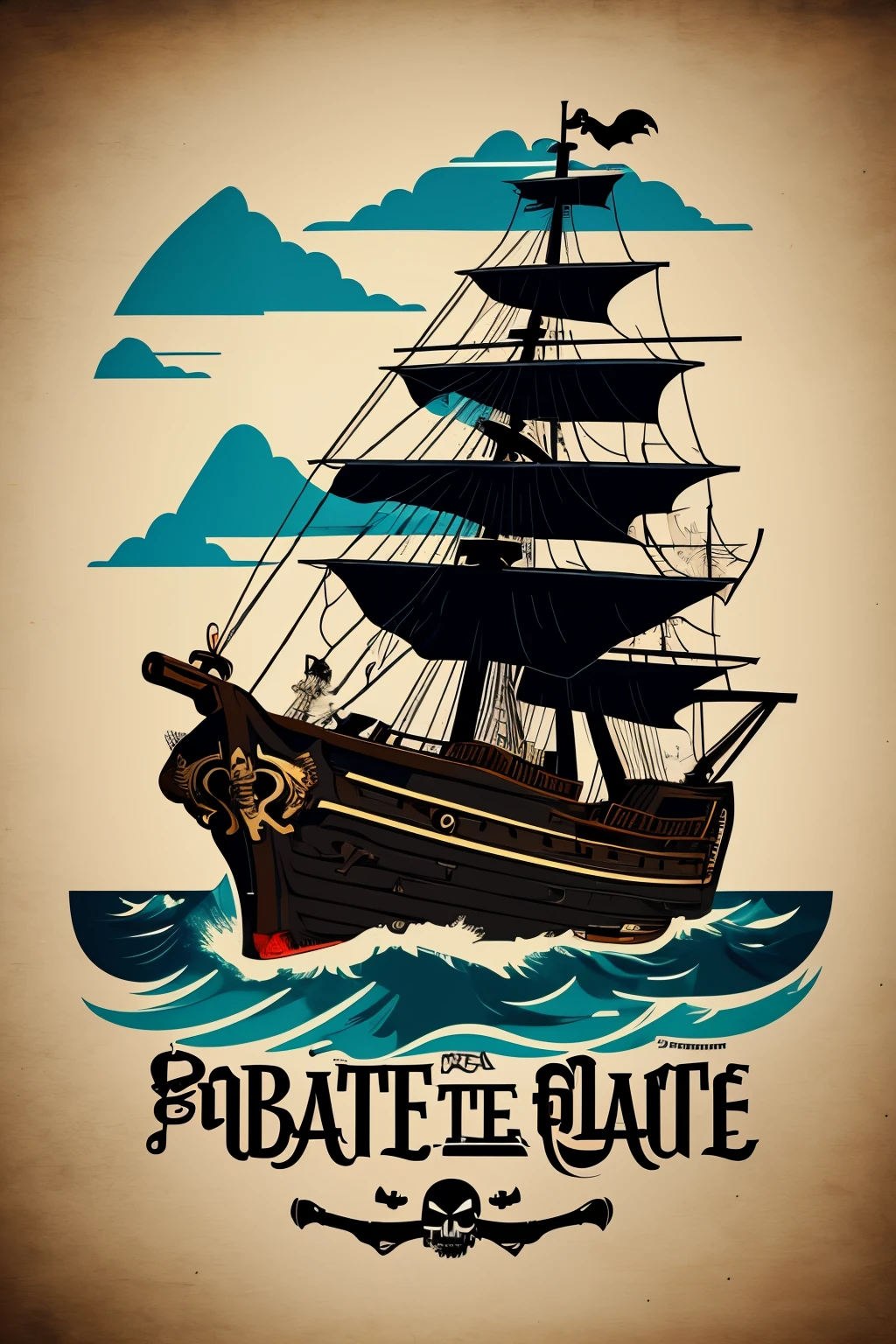 Pirate Ship 2D flat illustration t-shirt design with text saying "Why is the rum always gone?" in the style of Nautical Sketch.