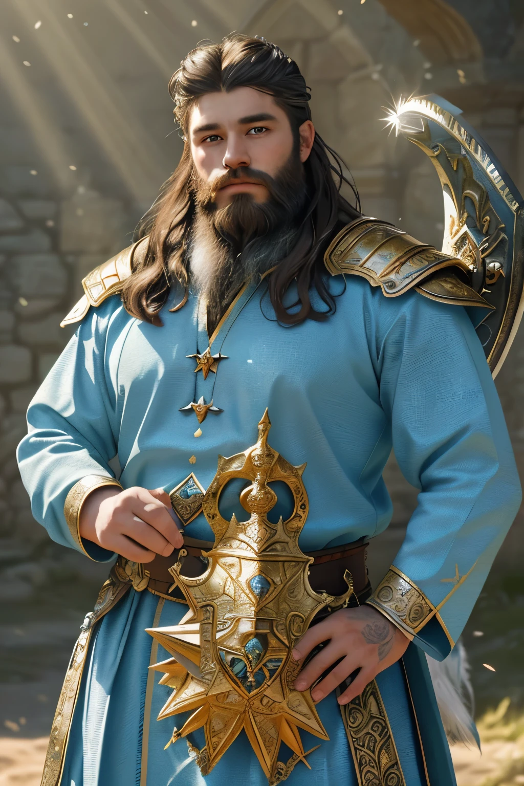 Masterpiece, highest quality, ultra high resolution image: A handsome young dwarf king proudly sits atop his war goat, his golden armor shimmering in the sunlight. Inserting a touch of intricacy, the armor is meticulously crafted, adorned with precious gems and intricate engravings. His battle axe, held tightly in both hands, glints menacingly. The king's face is as perfect as a sculpted masterpiece, his features sharp and defined, with piercing blue eyes, a strong jawline, and a small but determined nose. His curly, neatly tended beard frames his face, adding a touch of regal authority to his appearance.