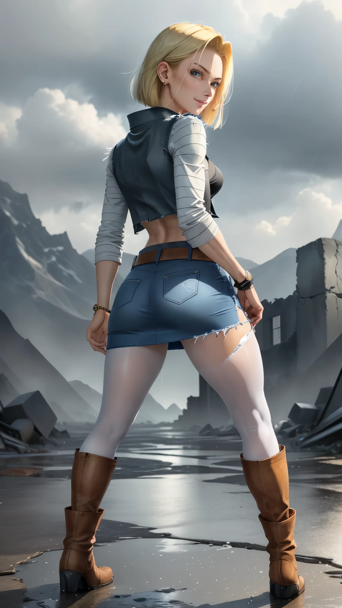 best quality, highres, and18, 1girl, android 18, solo girl, 1girl, blonde hair, blue eyes, belt, boots, tight blue demin skirt, gold_necklace, black shirt, short hair, long striped sleeves, earrings, open vest, denim vest, medium breasts, cowboy shot, mountains, straight-on, (weather: raining and windy), wet body, sexy smile, combat stance, full length pantyhose, battle ruins, wide hips, thick legs, torn clothes, closed fists, from behind,