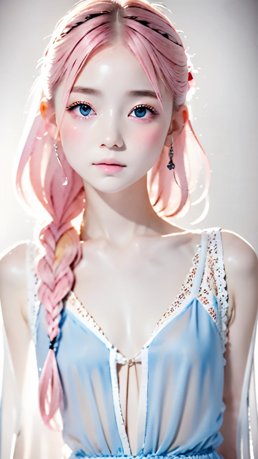 (((blurred background、Watercolor style background)))、one girl、16talent、anatomy、cute face、small face、small nose、pale pink eyes、Loosely braided low ponytail、light pink hair、small breasts、black dress open neck dress、sheer lace dress、See-through feeling、random pose、highest quality、High resolution、High resolution、cinematic lighting、professional photographer、