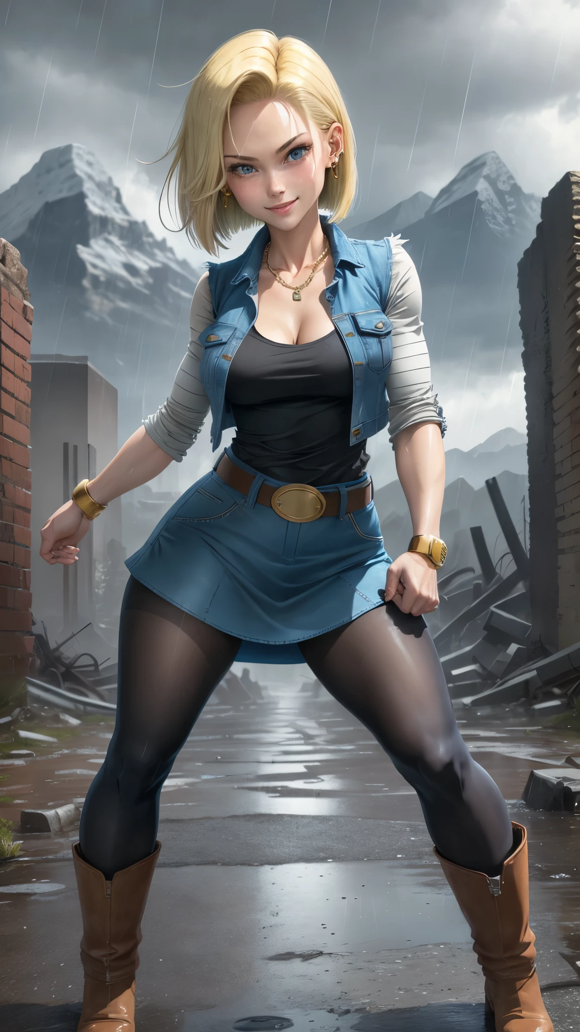 best quality, highres, and18, 1girl, android 18, solo girl, 1girl, blonde hair, blue eyes, belt, boots, tight blue demin skirt, gold_necklace, black shirt, short hair, long striped sleeves, earrings, open vest, denim vest, medium breasts, cowboy shot, mountains, straight-on, (weather: raining and windy), wet body, sexy smile, combat stance, full length pantyhose, battle ruins, wide hips, thick legs, torn clothes, closed fists, upskirt,