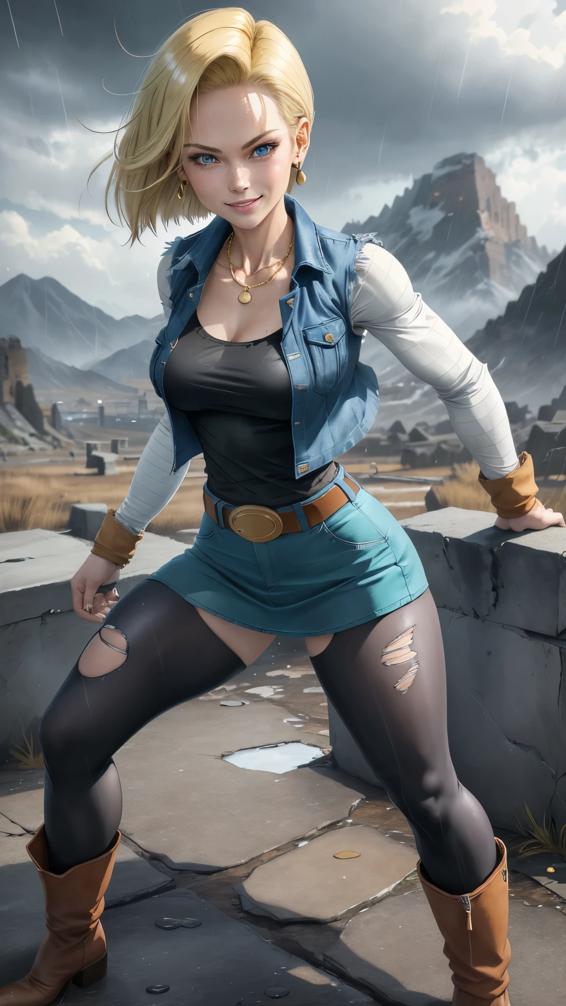 best quality, highres, and18, 1girl, android 18, solo girl, 1girl, blonde hair, blue eyes, belt, boots, tight blue demin skirt, gold_necklace, black shirt, short hair, long striped sleeves, earrings, open vest, denim vest, medium breasts, cowboy shot, mountains, straight-on, (weather: raining and windy), wet body, sexy smile, combat stance, full length pantyhose, battle ruins, wide hips, thick legs, torn clothes, closed fists, upskirt,